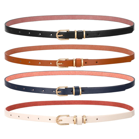 SANSTHS 4 Pack Women Thin Belts for Jeans Dresses Coats Skinny Women Belt with Gold Alloy Buckle, Black+Brown+Blue+Beige M