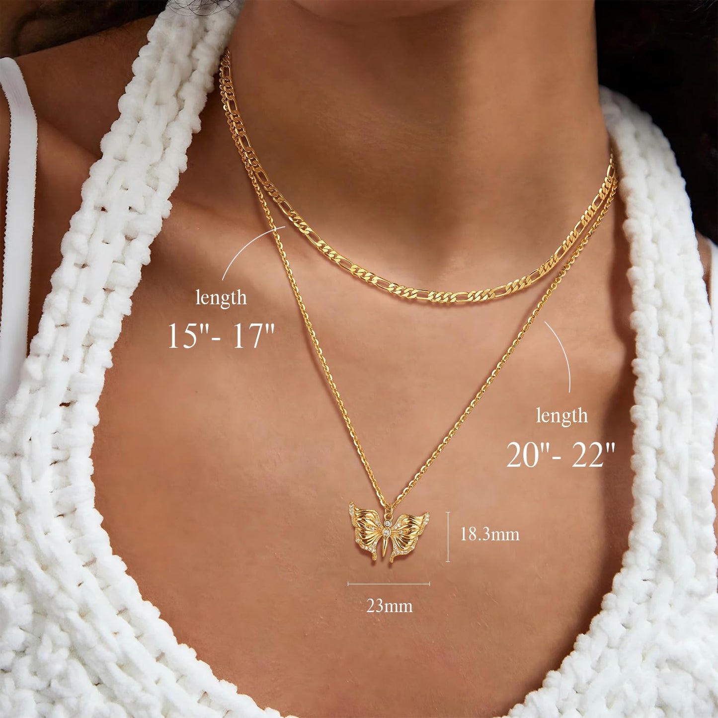 MEVECCO Gold Butterfly Layered Necklace for Women 18K Gold Plated Dainty CZ Charm Figaro Choker Chain Double Layer Pendant Necklace Stack Minimalist Handmade Layering Jewelry Set Gift