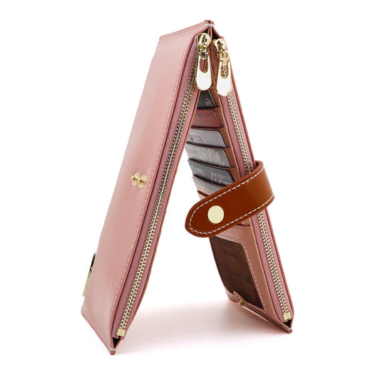 ANDOILT Women's Genuine Leather Wallet RFID Blocking Credit Card Holder Zipper Purse Cell Phone Handbag Pink