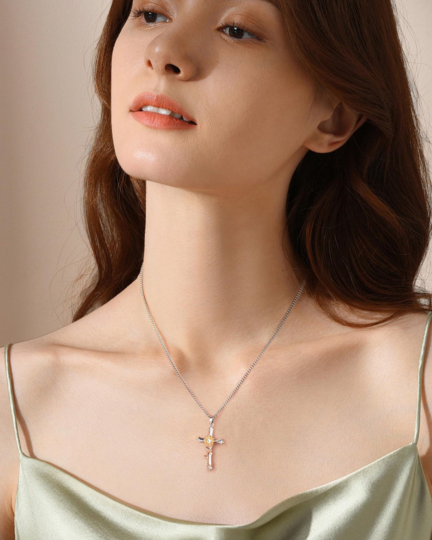 ACECHA Silver Cross Necklace for Women, Dainty Faith Cross Pendant Necklaces with Sunflower Jewelry for Mom Wife Daughter Sister | Gifts for Birthday Anniversary Christmas Easter(Sunflower-Happiness)