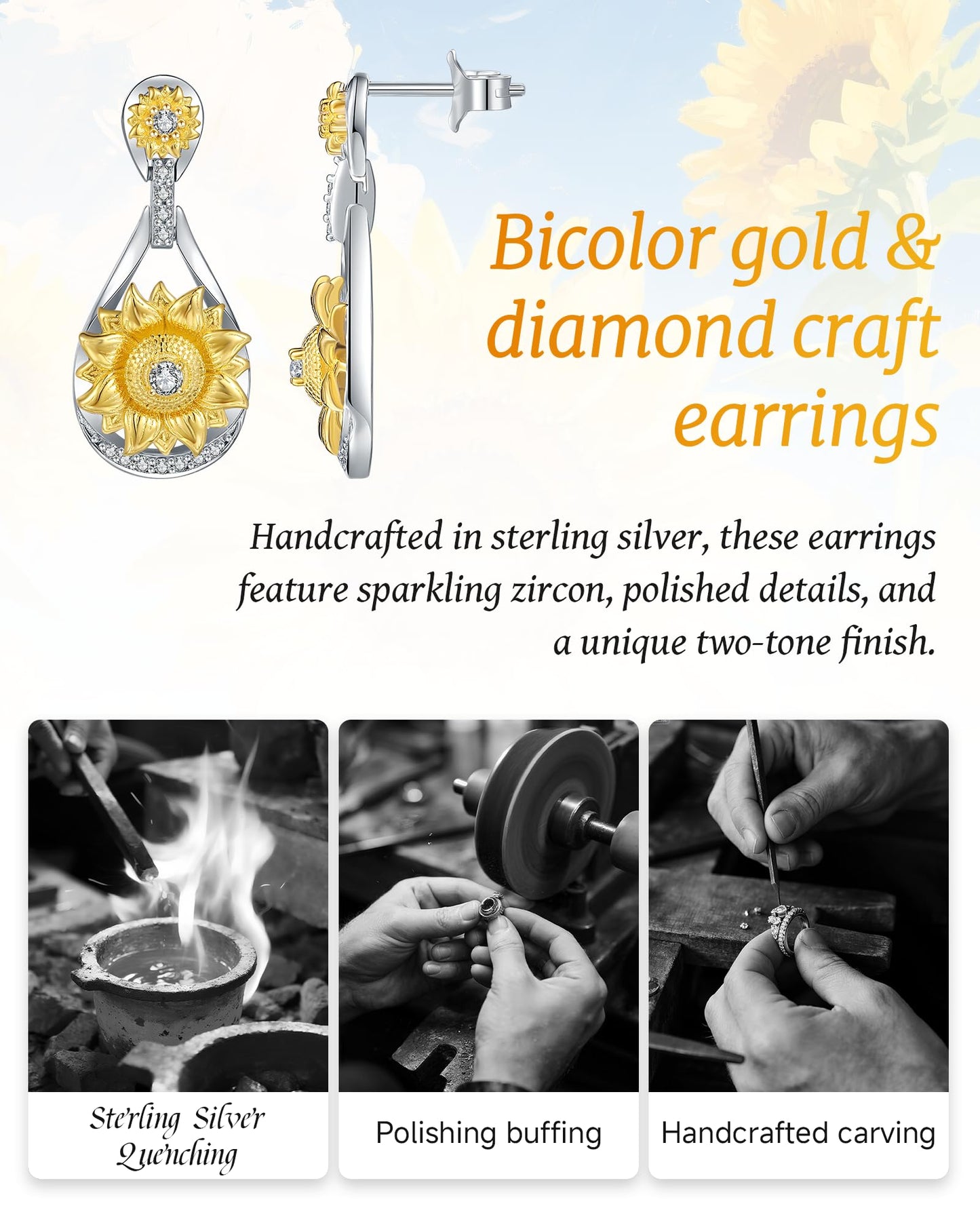 925 Sterling Silver Sunward Sunflower Teardrop Dangle Earrings for Women,Two-Tone (Platinum & 18K Gold Plated) with Cubic Zirconia, Hypoallergenic Floral Jewelry for Mother's Day, Birthday, Anniversary, Christmas Gifting Occasions