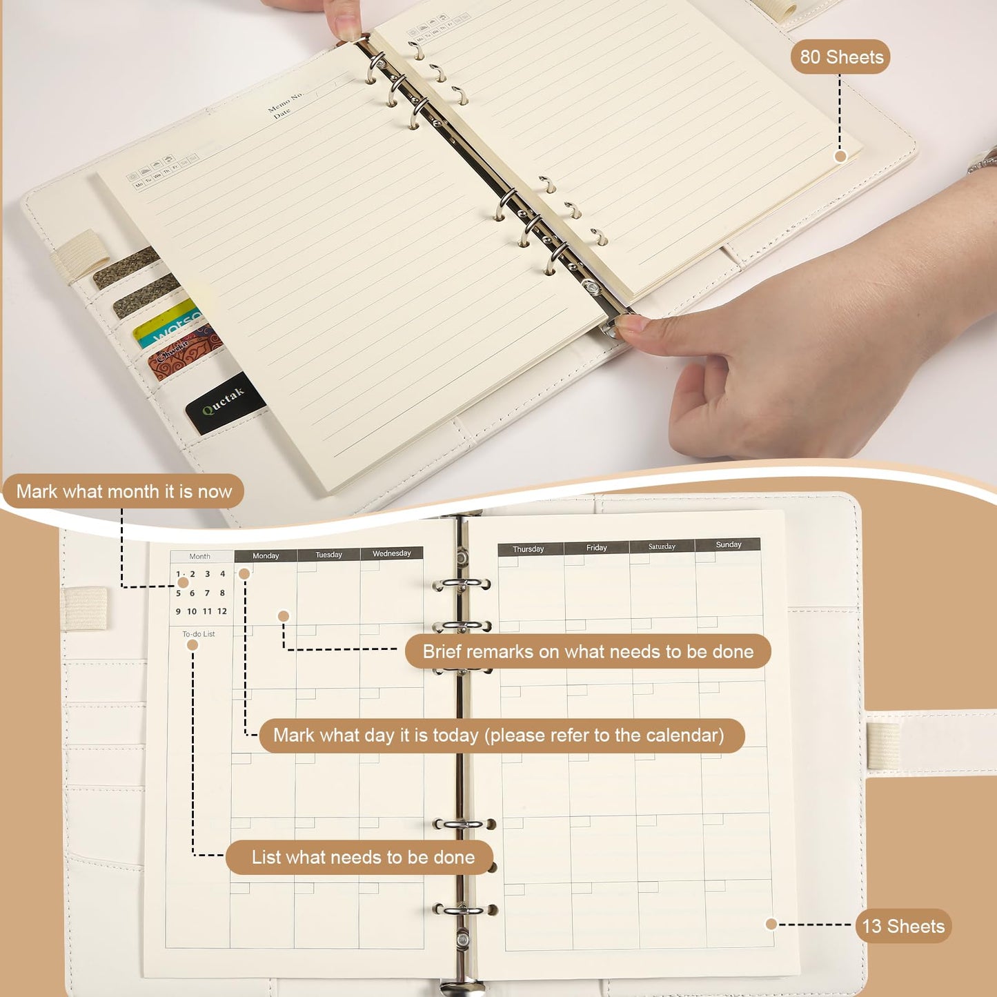 A5 6 Ring Planner Binder - Refillable PU Leather Notebook Organizer with 80 Line Sheets, Monthly Sheets, Plastic Pockets and Dividers, Beige