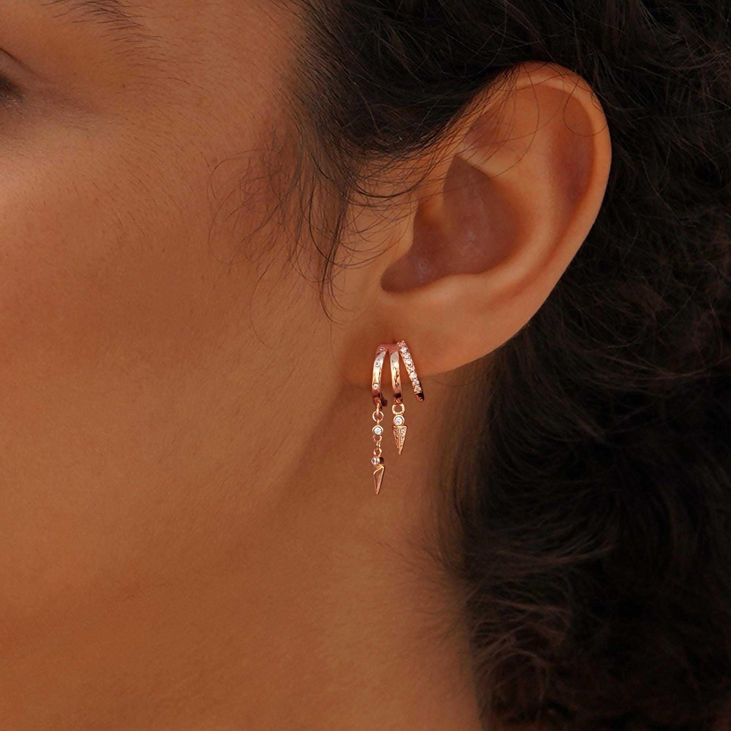 SELSHE Hoop Earrings for Women,Simple Rose Gold Dangle Earrings Dainty Triple Huggie Earrings Studs Hypoallergenic Statement Rose Gold Earrings for Women Trendy Cute Jewelry