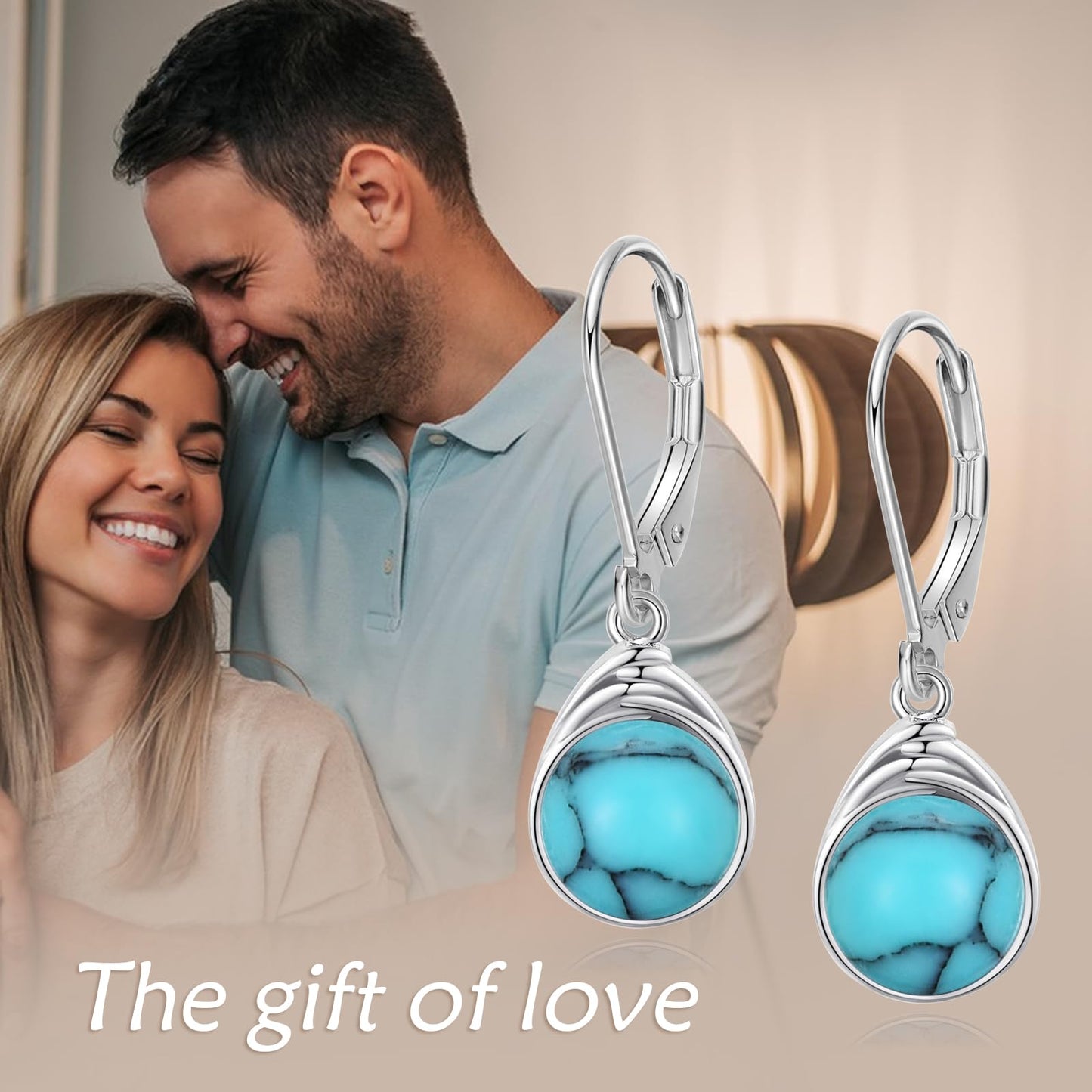 POPLYKE Turquoise Sterling Silver Round Turquoise Leverback Dangle Earrings