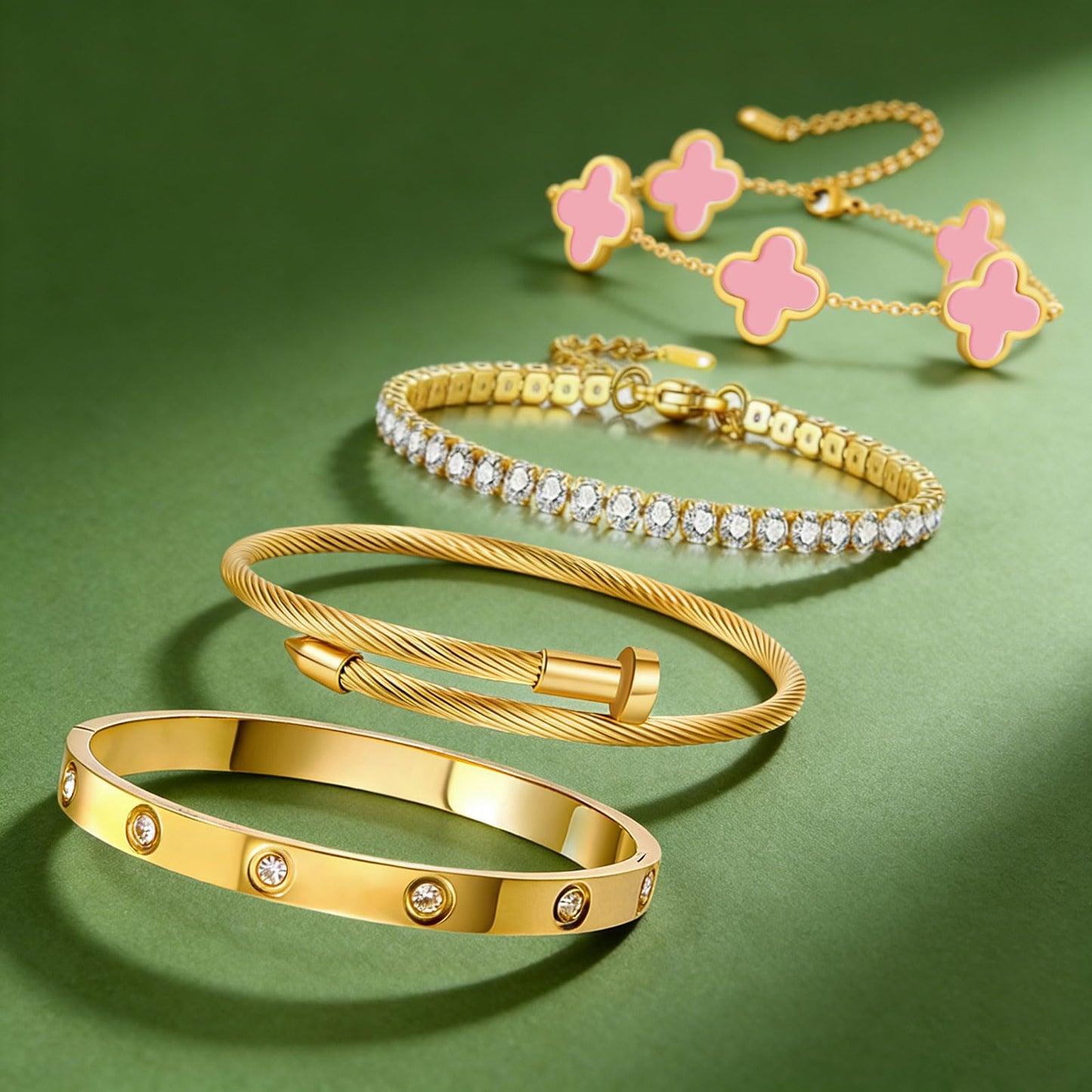 Gold Bracelets for Women, 18K Gold Plated Women Tennis Bracelets Clover Nail Love Bangle Bracelet Set, Gold Bracelet Stackable Set Trendy Jewelry, Gifts for Women's Day and Mother's Day (08-Color-4 Pink)