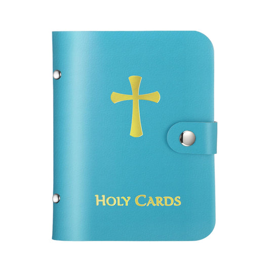 Lerheedi Holy Card Holder Case Faux Leather, up to 40 Prayer Cards with Snap Closure, Portable for Travel, Ideal Religious Gift for Adults, Unisex (Blue)