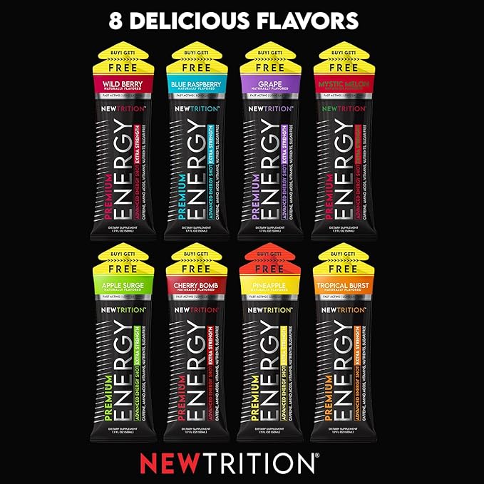 NewTrition® Extra Strength Energy Shots, 250mg Caffeine Energy Shots with Vitamin B & Amino Acids, Sugar-Free Vitamin Energy Shot, 1.7 fl oz (Pack of 6, Blue Raspberry)