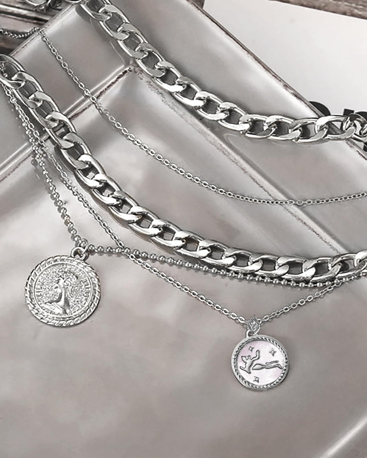 MJartoria Gold Layered Necklaces for Women Trendy Retro Coin Pendant Necklace Dainty Chunky Chain Choker Necklaces for Jewelry Birthday Gifts (Silver, Zodiac-Virgo-3PCS Layered)
