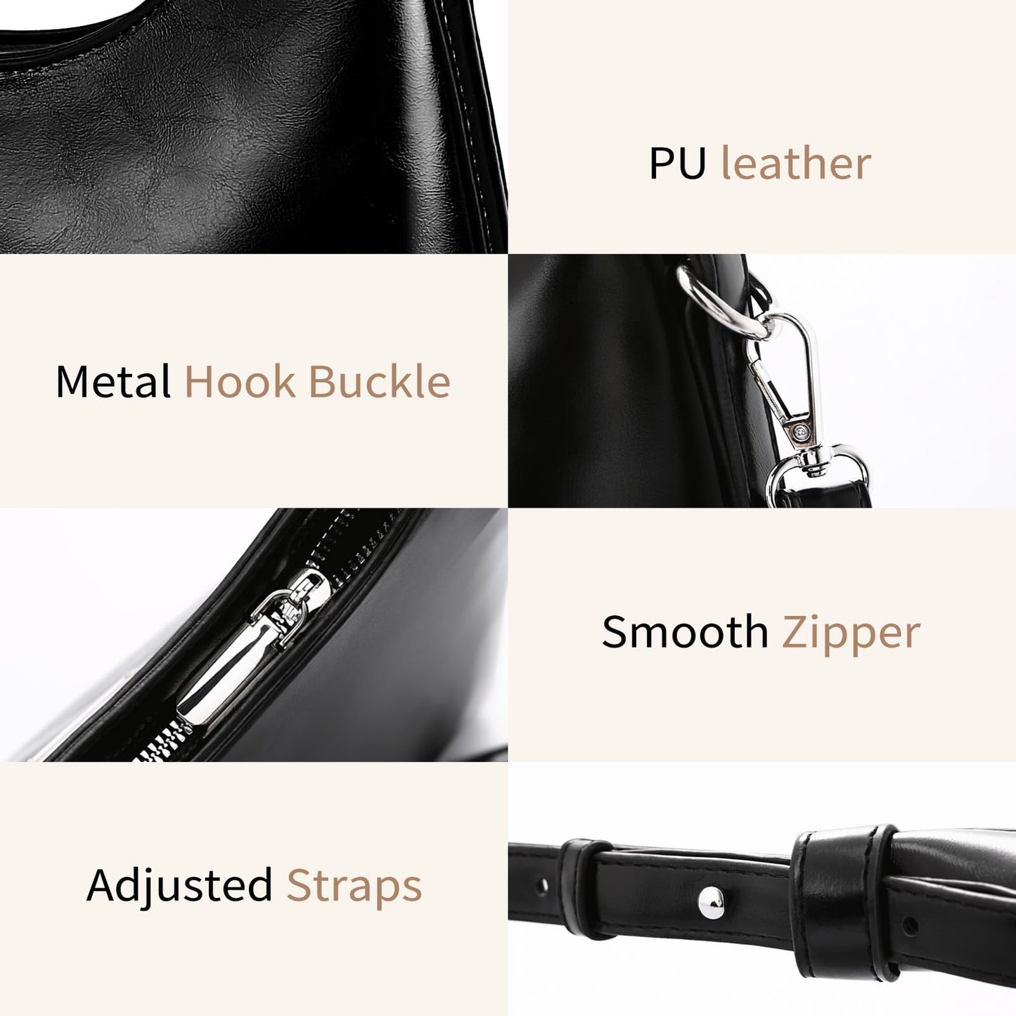 FGZ Womens Hobo Bag,Soft Vegan Leather Shoulder Bag Purse with Matching Pouch Ideal for Work,Shopping,Daily Use（Black）