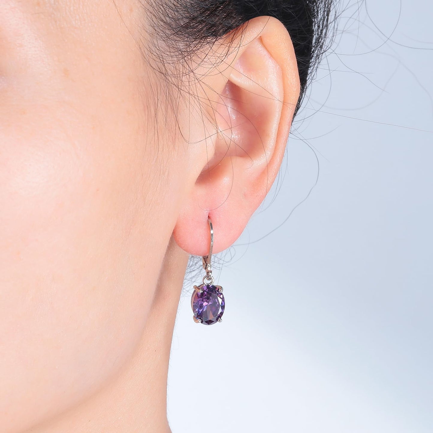 CiNily Cut-Oval Leverback Dangle Earrings for Women Purple Cubic Zircon 14k White Gold Plated Hypoallergenic Hanging Earrings Lightweight Summer Drop Earrings