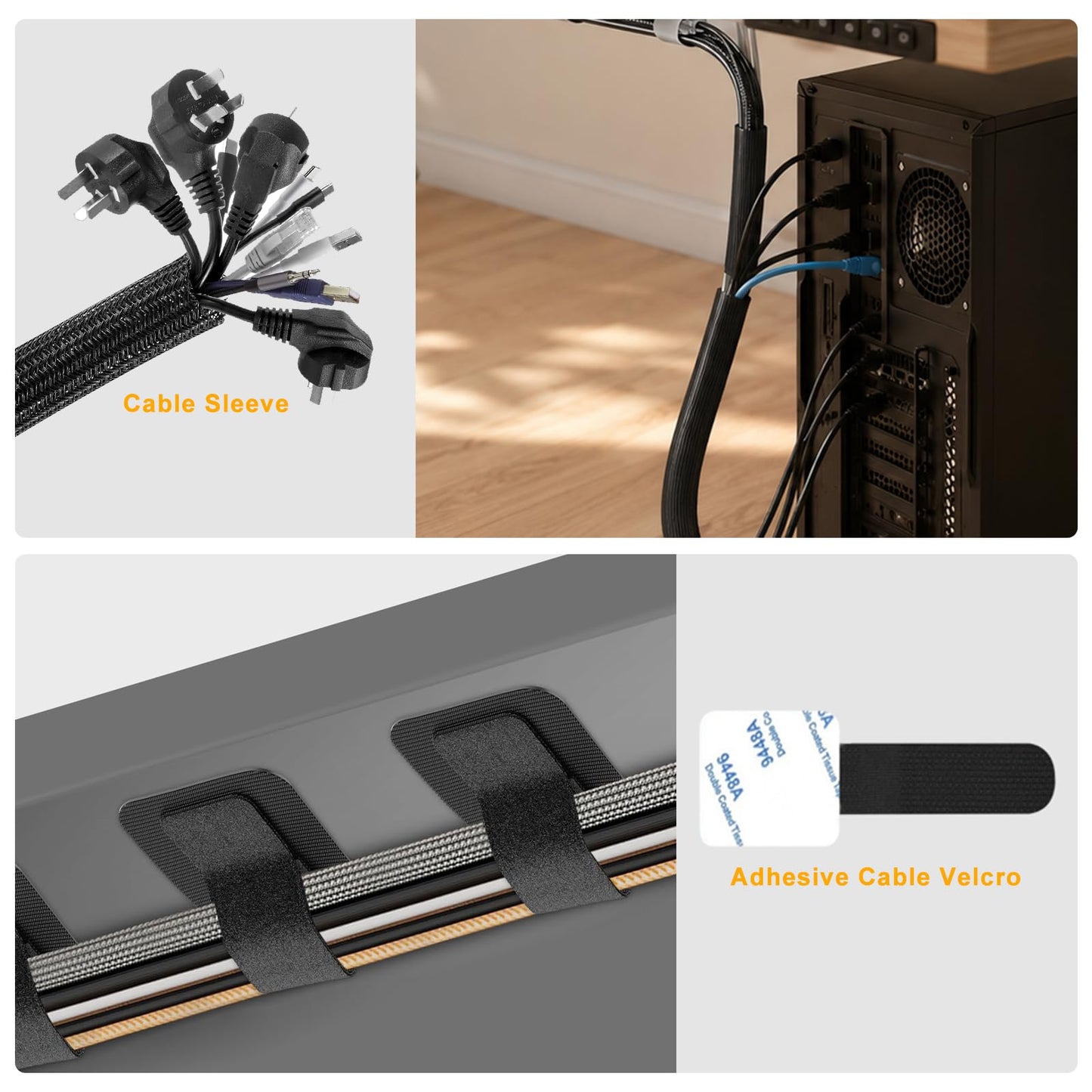 285 PCS Cable Management Kit - 4 Cable Sleeve Split, 50 Adhesive Cable Clips, 9 Cable Holder, 2 Roll Cable Organizer Straps, 200 Cable Zip Ties with 20 Mounts, for Computer TV Under Desk - Black