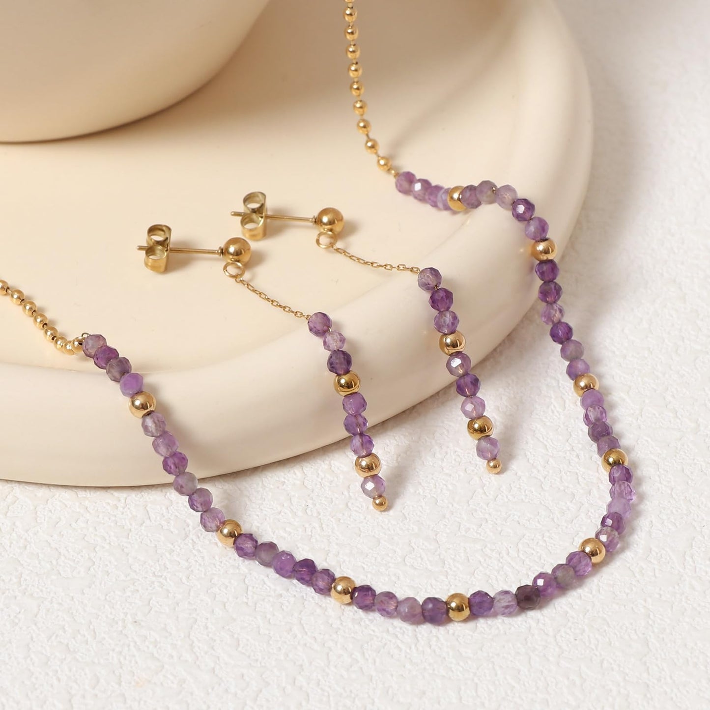 TaYolnFaSo Round Amethyst Beads Jewelry Set for Women 18K Gold Plated Amethyst Necklace and Earrings Set Gift for Wife