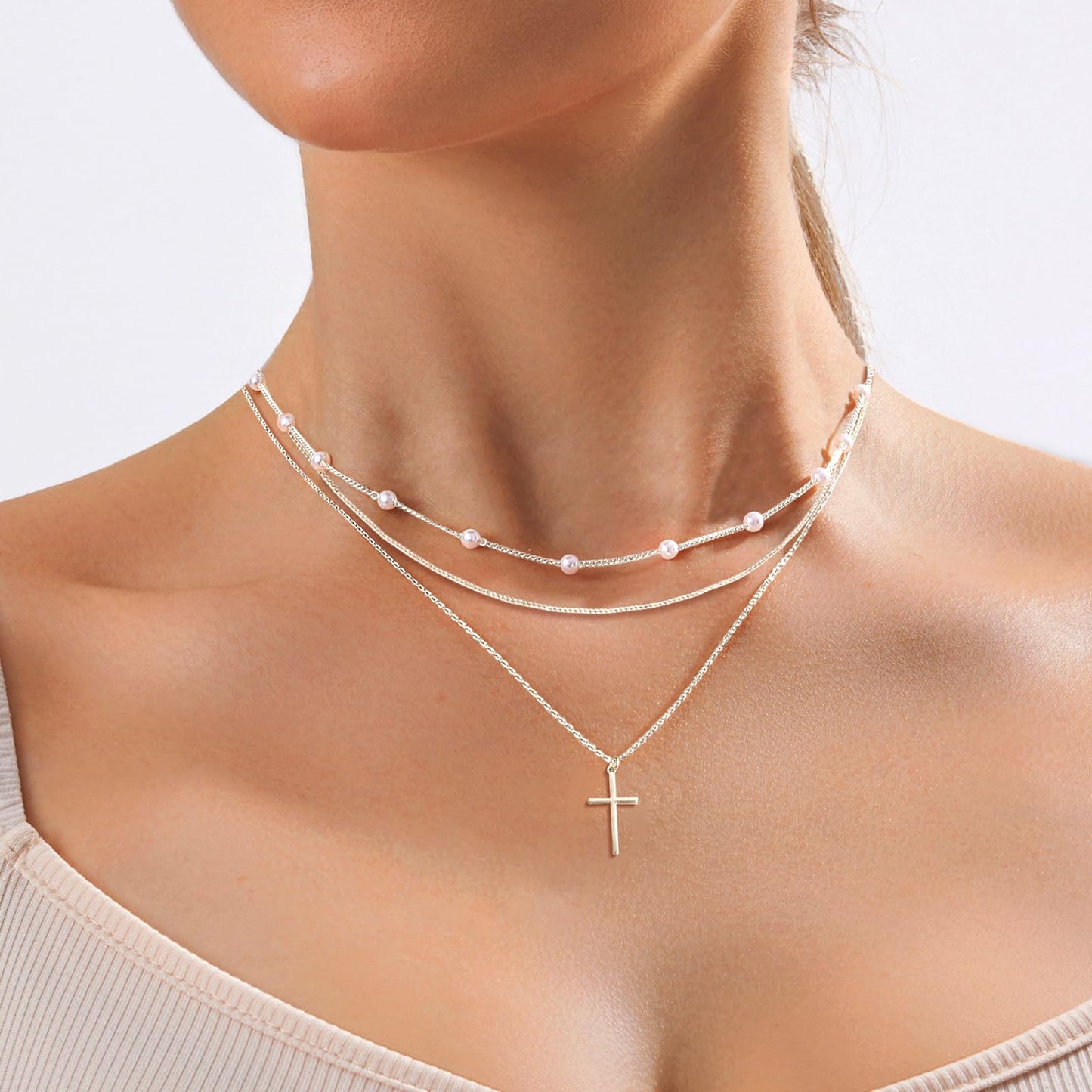 Zeffy Layered Silver Necklaces for Women Dainty Silver Cross Necklace Trendy Pearl Choker Cute Necklace Stack Jewelry Sets for Women Gifts