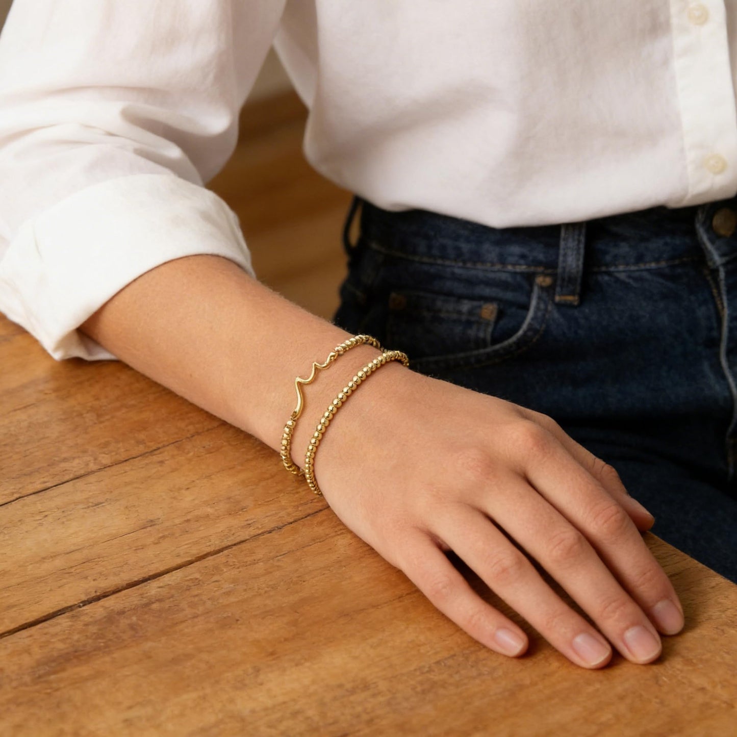 Jsuospmy Gold Beaded Bracelets for Women 14K Gold Wave Bracelet Handmade Stackable Bracelets for Women Trendy Non Tarnish Bracelet Jewelry Gift for Womens 2Pcs (05.Wave+Beaded (Gold))