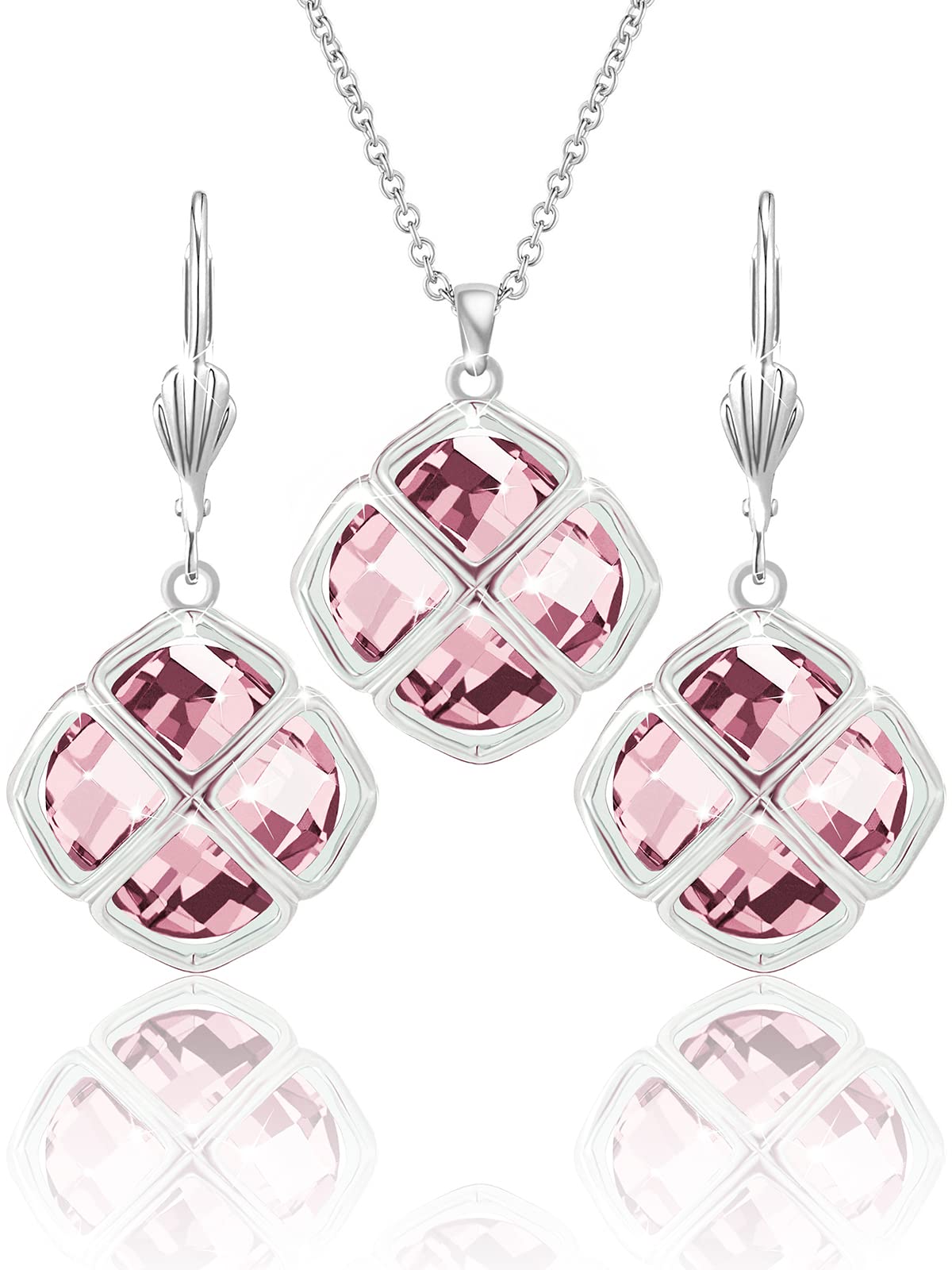 Qinpan 14MM Crystal Pendant Dangle Necklace Earrings Sets for Women Glod Plated Costume Jewelry, 38*17.8mm, Platinum, Rose Quartz