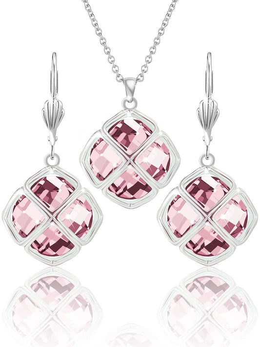 Qinpan 14MM Crystal Pendant Dangle Necklace Earrings Sets for Women Glod Plated Costume Jewelry, 38*17.8mm, Platinum, Rose Quartz