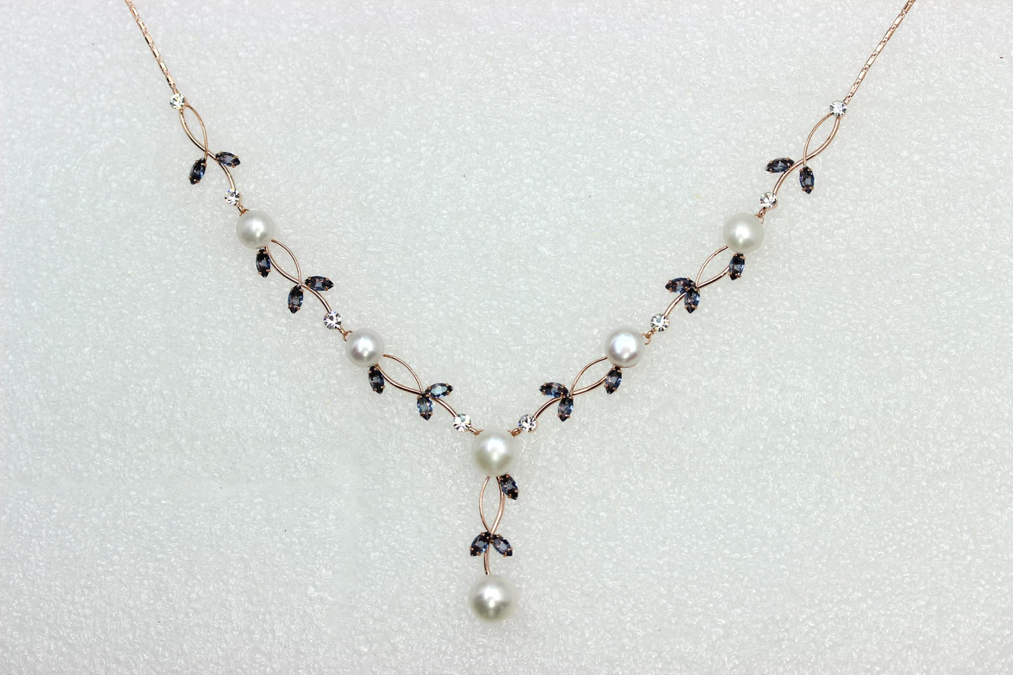 Faship Gorgeous Navy Blue CZ Crystal Genuine Freshwater Pearls Floral Necklace Earrings Set - Navy Blue/Rose Gold Plated