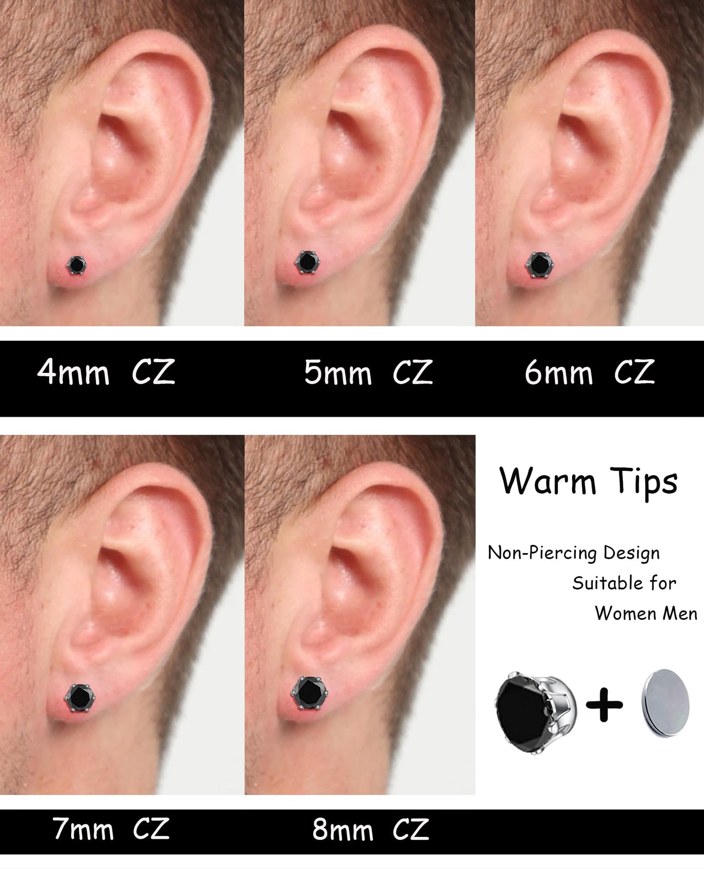 Ofeiyaa 15 Pairs Magnetic Stud Earrings Cubic Zirconia Non-Piercing Earrings Set Clip on Fake Earring Jewelry for Women Men 4-5-6-7-8MM White Black Red Color