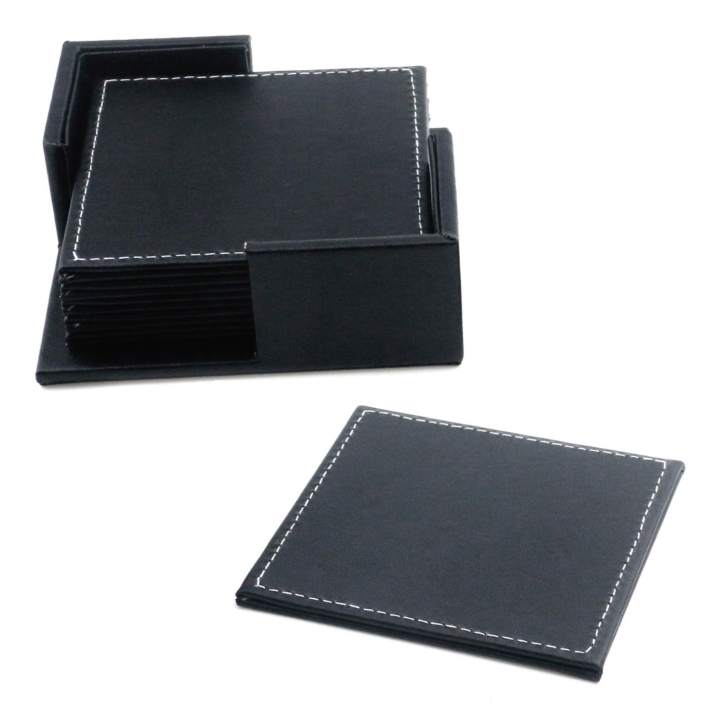 Semetall Drink Coasters 6 Pack Premium PU Leather Square Coasters for Drinks Heat Resistant Drinks Coasters with Coasters Storage Box Black Coaster Fit Common Size Drinking Glass(4"x4"x0.2")