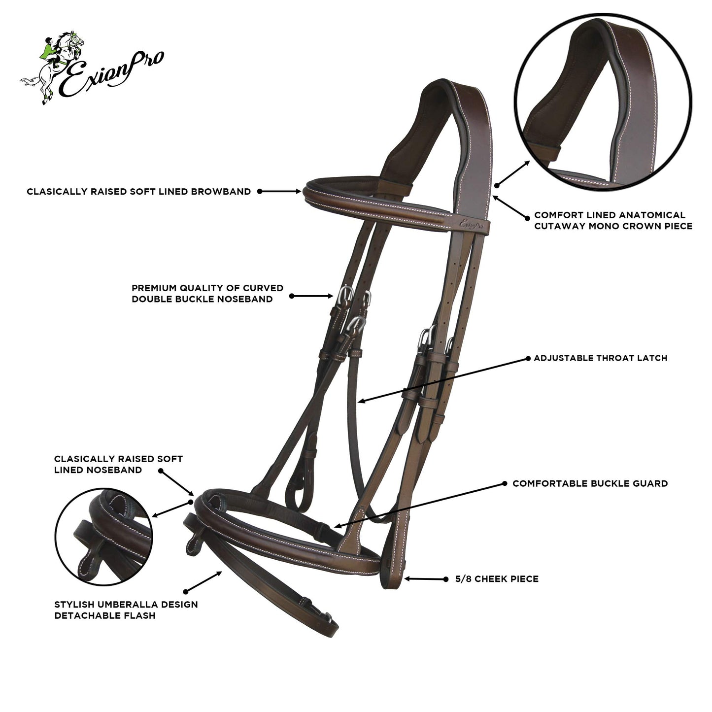 ExionPro English Hunter Jumping Bridle for Horses with Removable Flash Soft Yet Strong Rubber Reins | Royal Hunter Bridle | English Bridle for Horses (Havana, Cob)