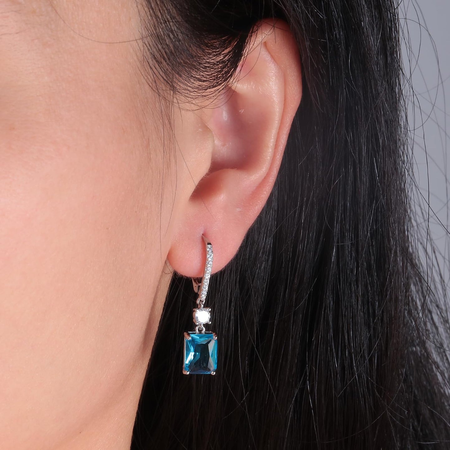 CiNily Leverback Earrings for Women Rectangular-cut Drop Dangle Earring Hypoallergenic, 14K White Gold Plated Blue Cubic Zircon Earrings Diamond Dangle Ear Rings Jewelry Birthday