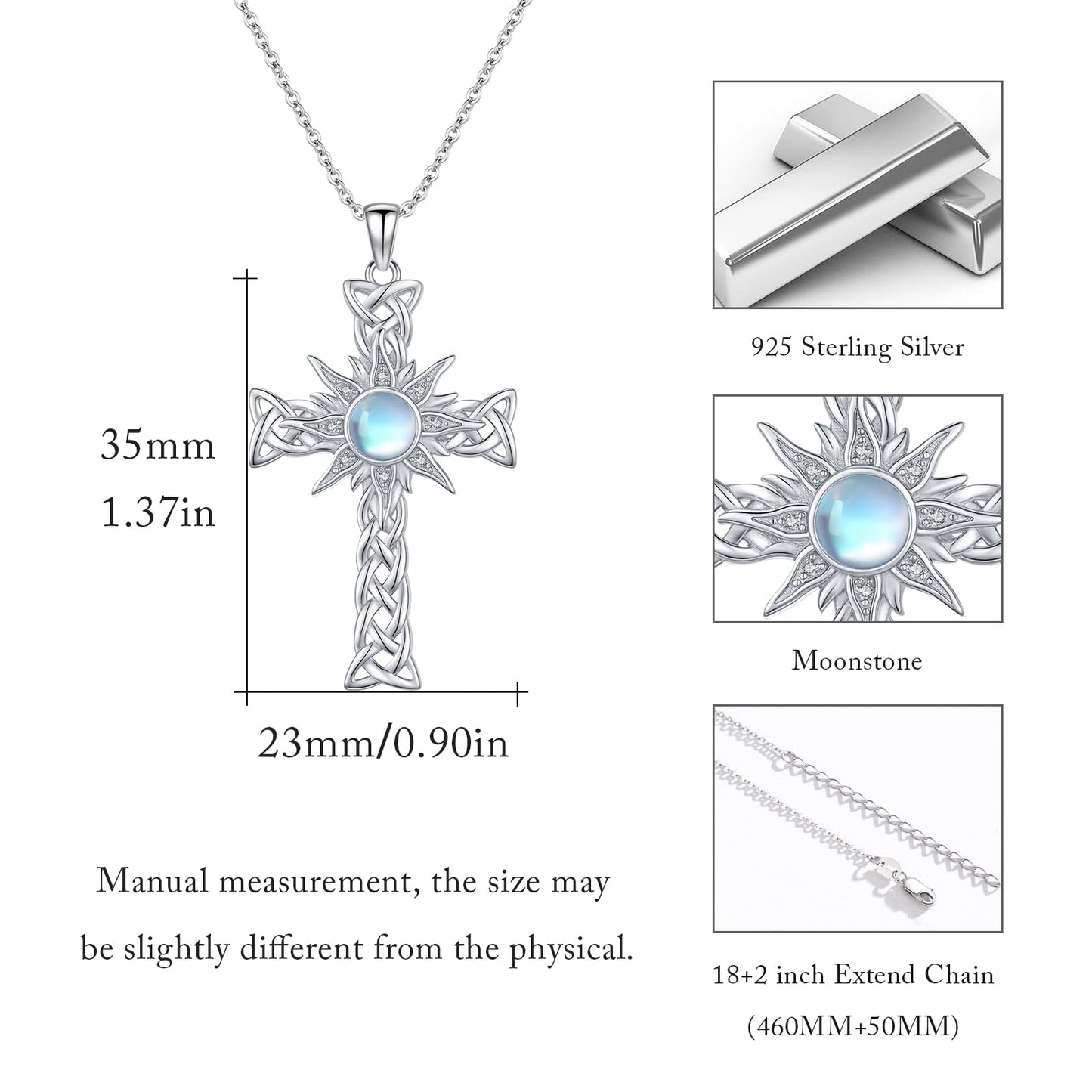 YEESIA Cross Necklace for Women 925 Sterling Silver Sun Crucifix Pendant Necklace Moonstone Celtic Cross Jewelry Mothers Day Gifts for Women Wife Sister