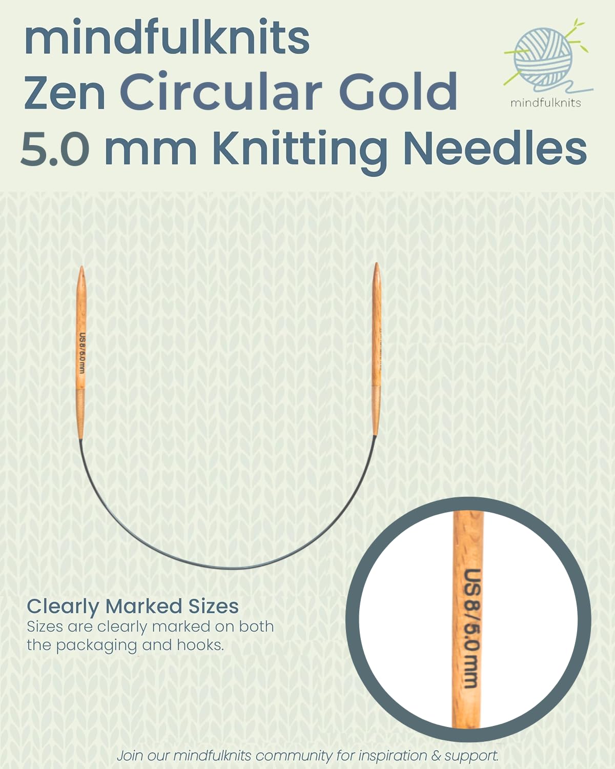 mindfulknits Zen Circular Knitting Needles - US 8, 5mm -16 Inch Length - Premium Beech Wood with Ombre Glossy Finish - Smooth Glide for All Projects - Gold