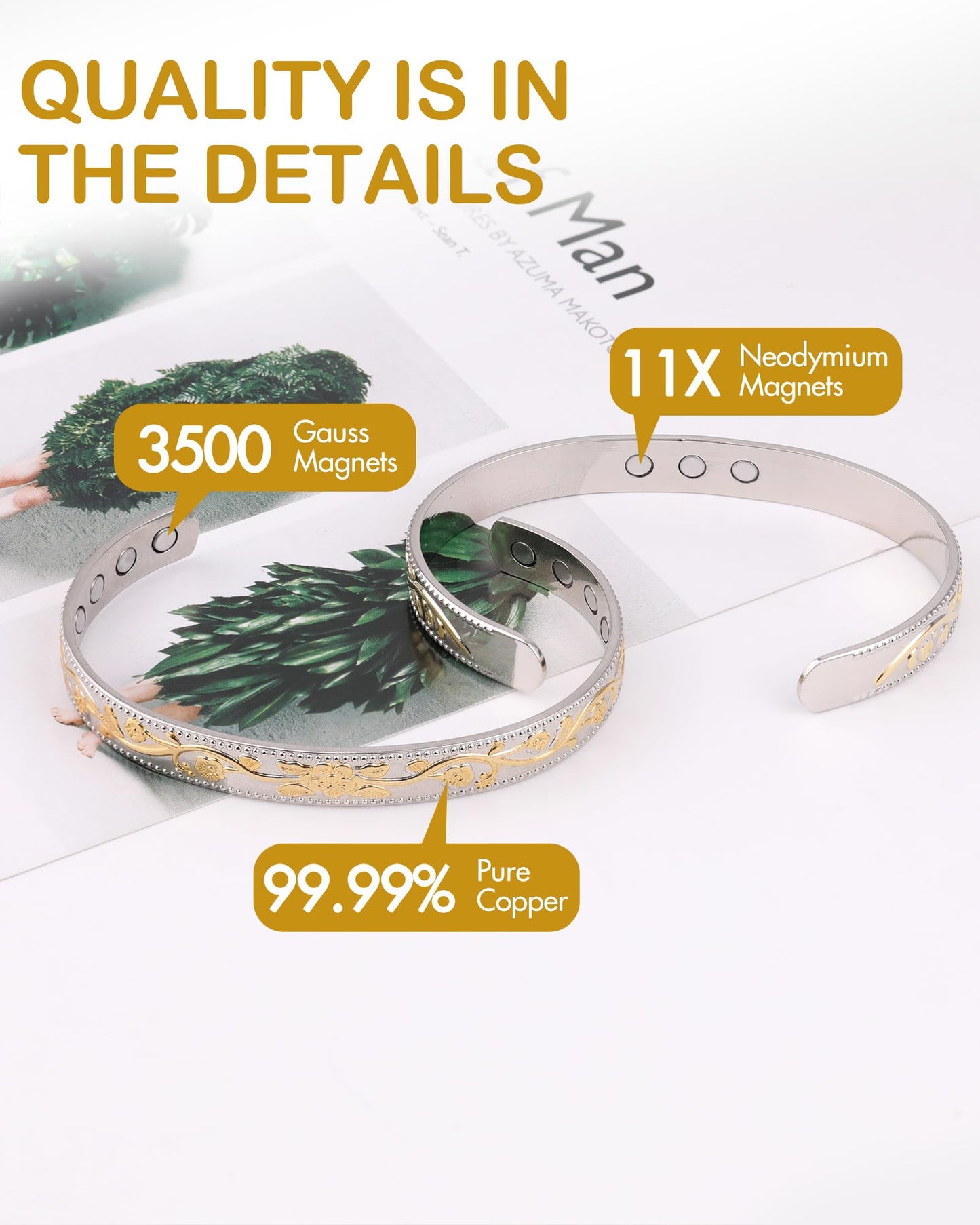 Feraco Copper Bracelet for Women, Ultra Strength Magnetic Bracelets, 99.99% Pure Copper Cuff Bangle with 3500 Gauss Neodymium Magnets, Adjustable (Silver & Gold)