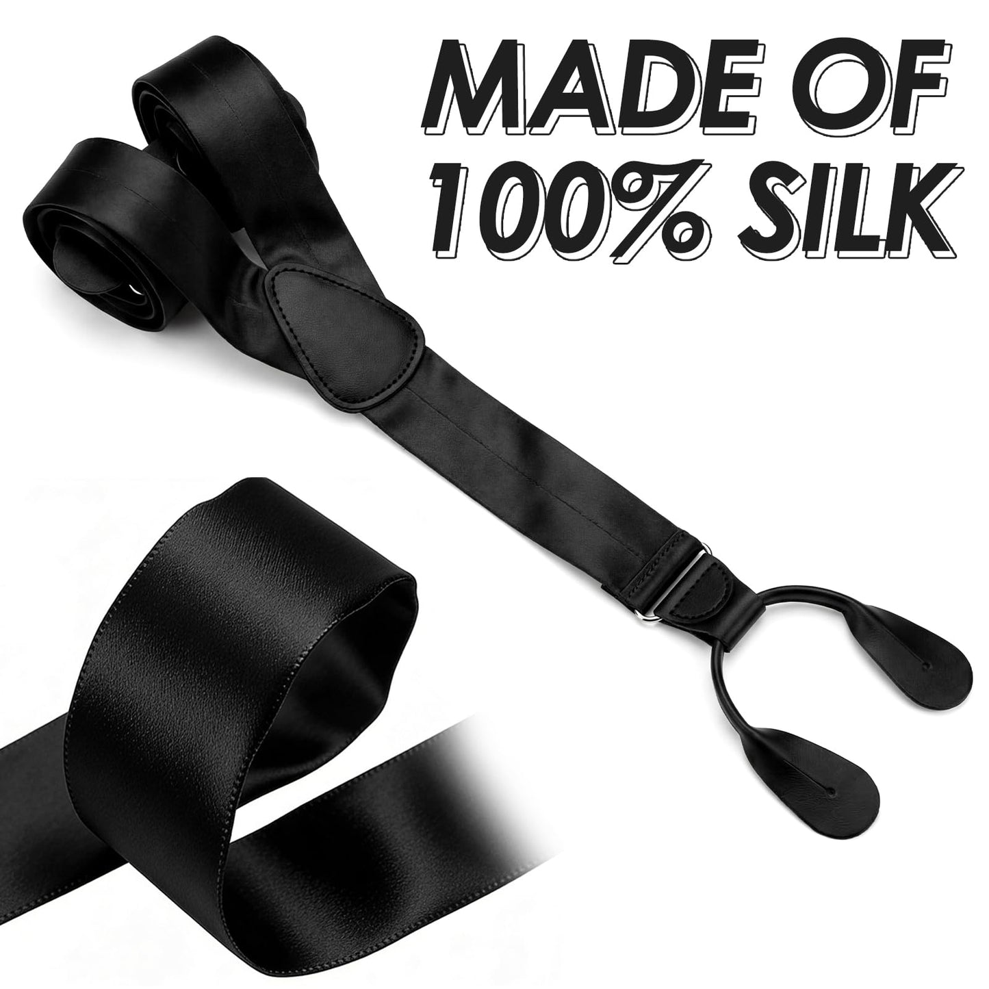 Yearntown Silk Suspenders for Men Black Tuxedo Formal Y Back Suspenders Men 54inch Formal Button End Braces for Tuxedo Pants(Trendy)