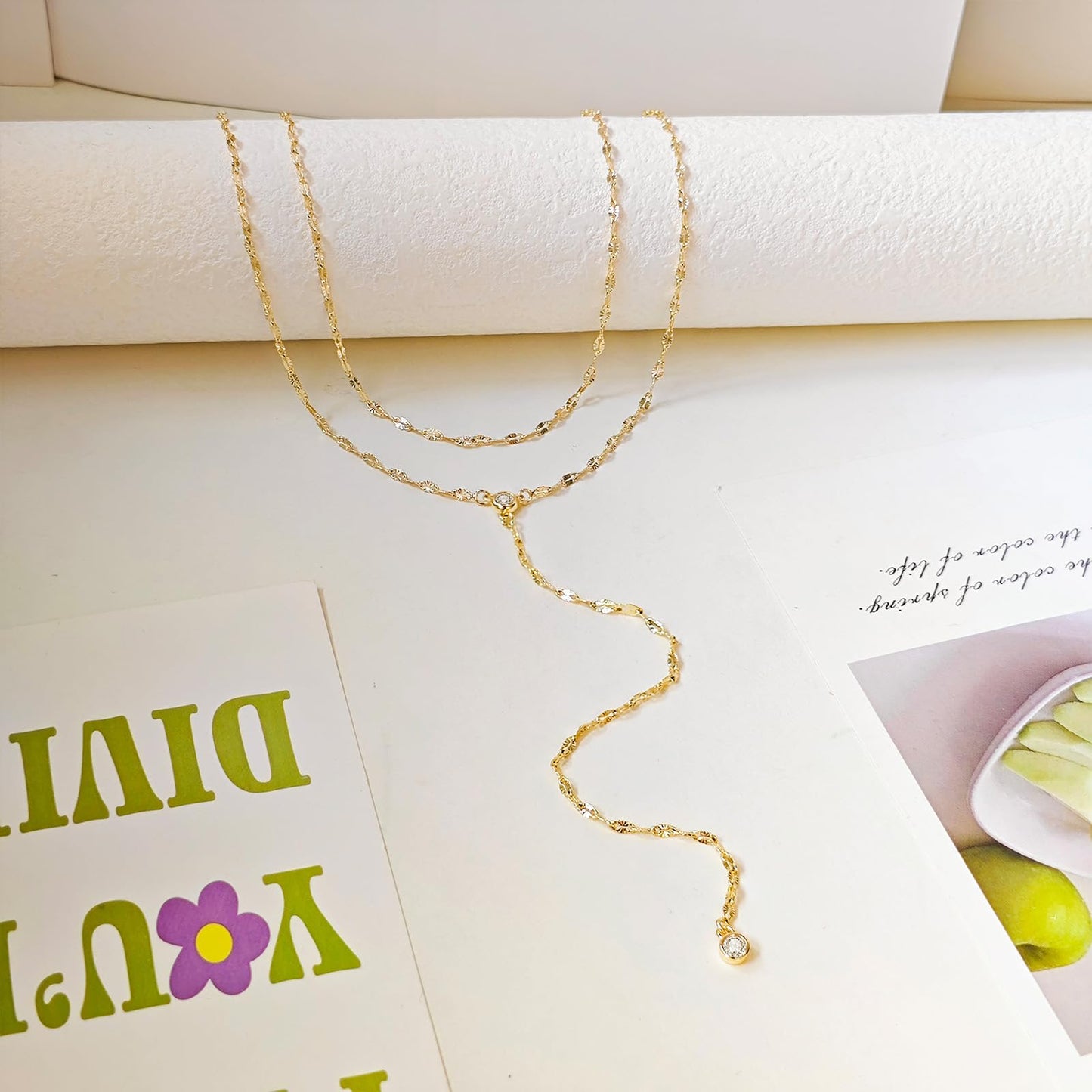 Airmb Lariat Gold Necklace for Women 14K Gold Plated Dainty Long Necklace Y-Shaped Drop Pendant Necklaces Choker Trendy Chain Simple Layered Necklaces CZ Jewelry for Women Set Gift