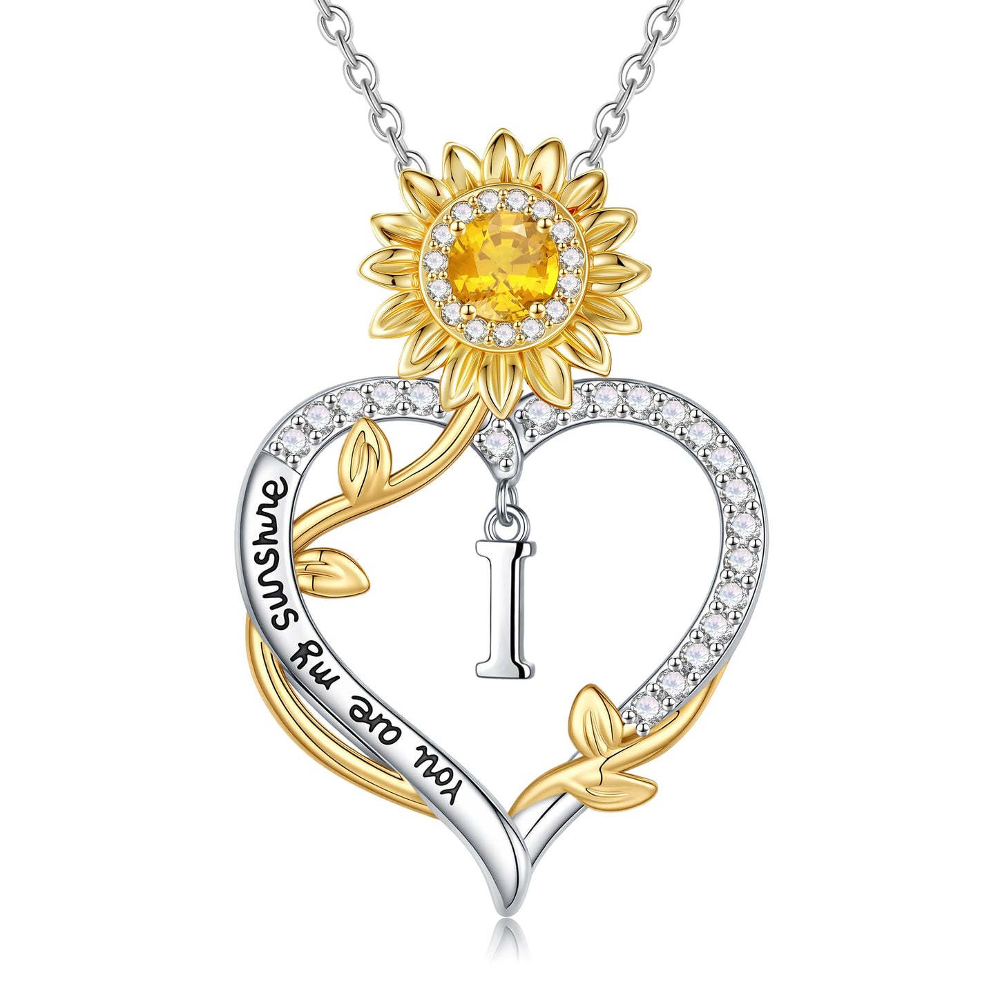 MONOOC Sunflower Initial Necklaces for Women - 14K-White-Gold-Plated Sunflower Gifts for Woman Initial Letter I Necklace Anniversary Birthday Gifts for Women Wife Mom Friends Jewelry Gift