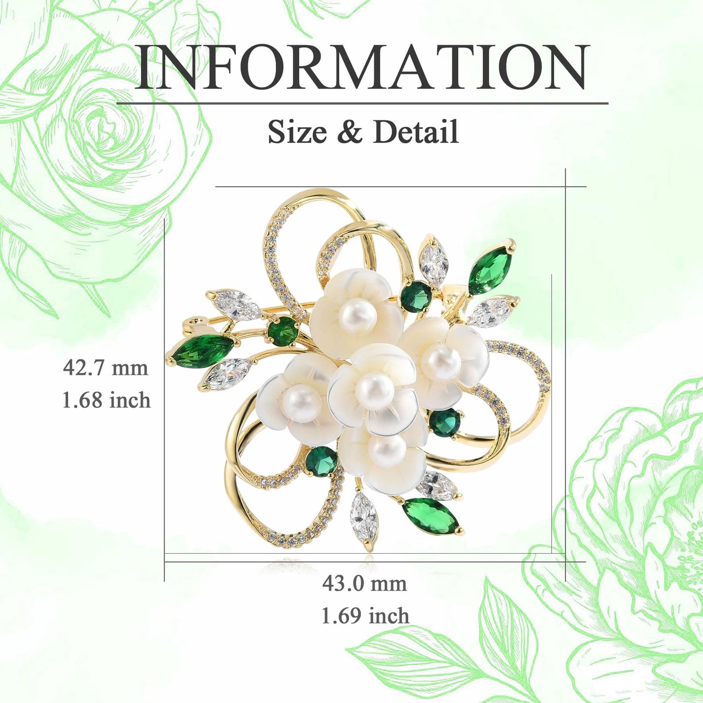 EMEGCY Pearl Flower Brooch for Women Mother's Day White Shell Flower Brooch Pin Floral Lapel Pin Emerald Crystal Leaf Jewelry Gifts for Wife Mom Bithday Wedding