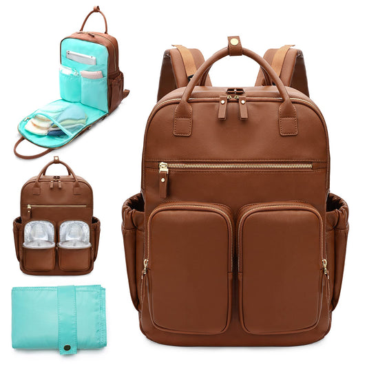 MOMINSIDE Diaper Bag Backpack, Leather Baby Bag with 18 Pockets, Diaper Backpack for Women Mom, Travel Baby Bag for Girl Boy, Large Wet Pocket, 4 Insulated Pockets, Stroller Straps, Brown