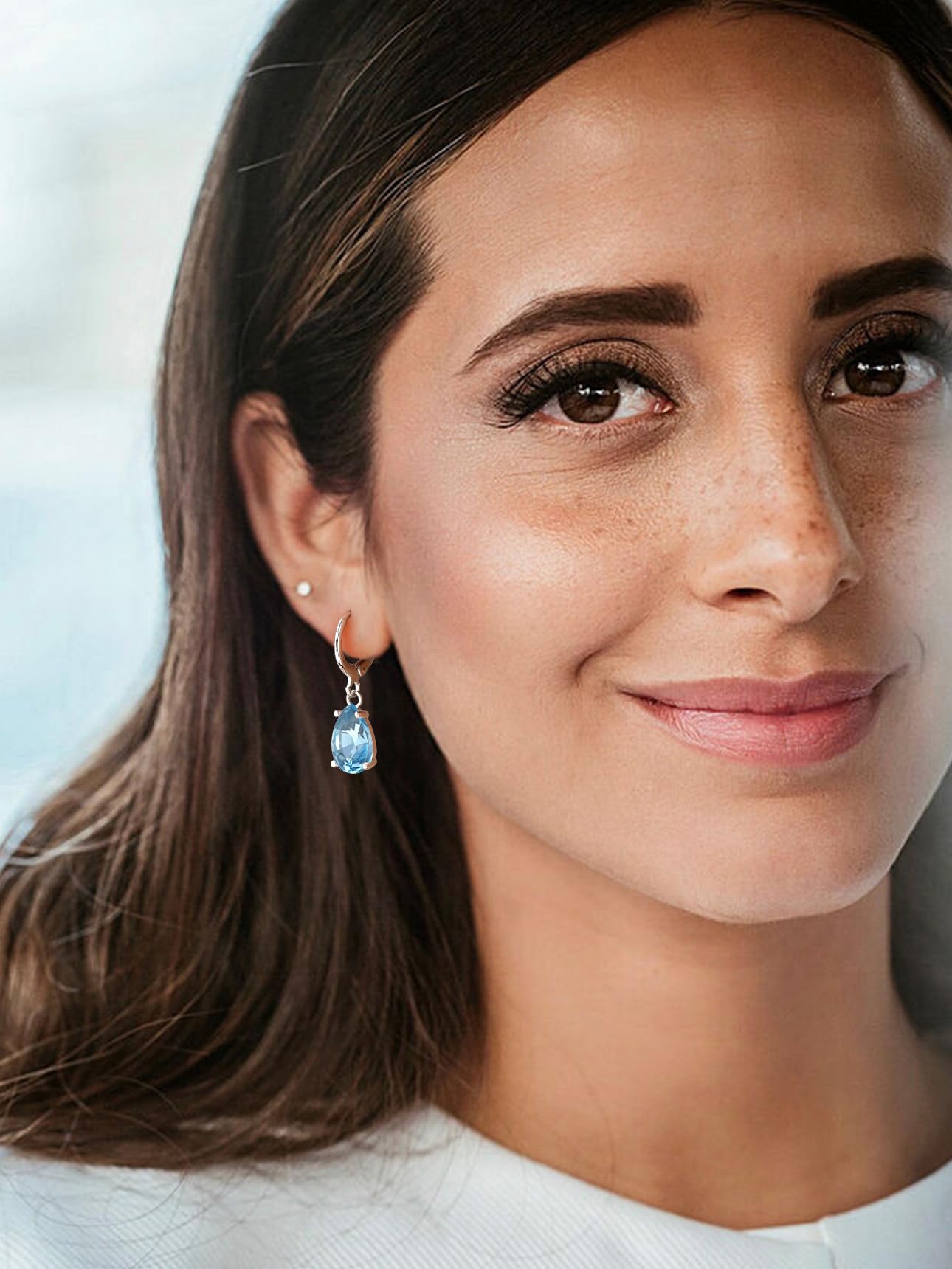 Bestyle Silver March Birthstone Dangle Earrings - Created Teardrop Aquamarine Crystal Drop Blue Earrings - Trendy Cute Women's Small Hoop CZ Dangle Earrings for Party Gowns