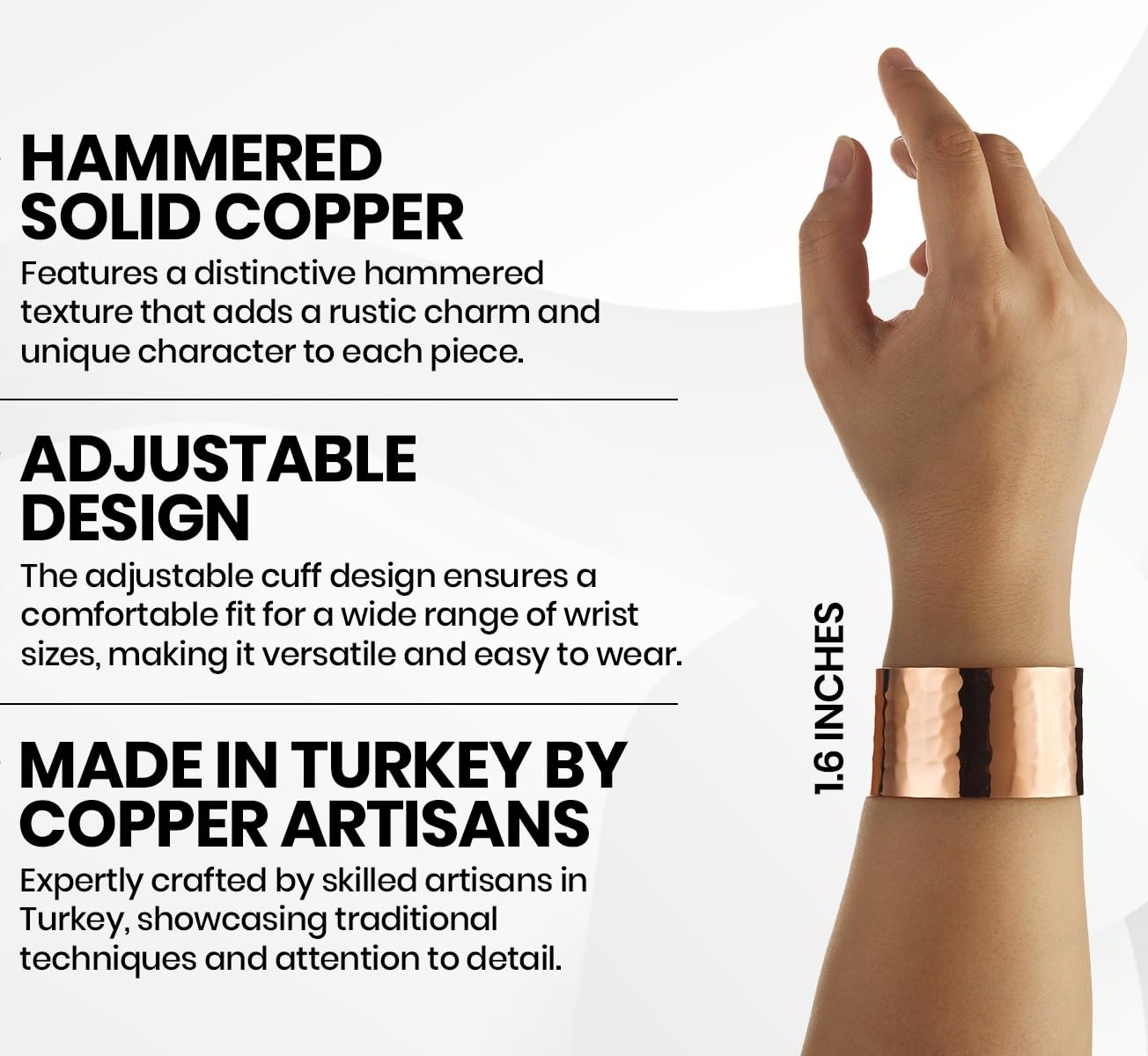 DEMMEX Copper Bracelet for Women – 100% Pure Hammered Turkish Copper Cuff, 1.5mm Thick High-Gauge, Handmade, Uncoated & Non-Magnetic, 1.6" Wide, Adjustable, in Wooden Gift Box