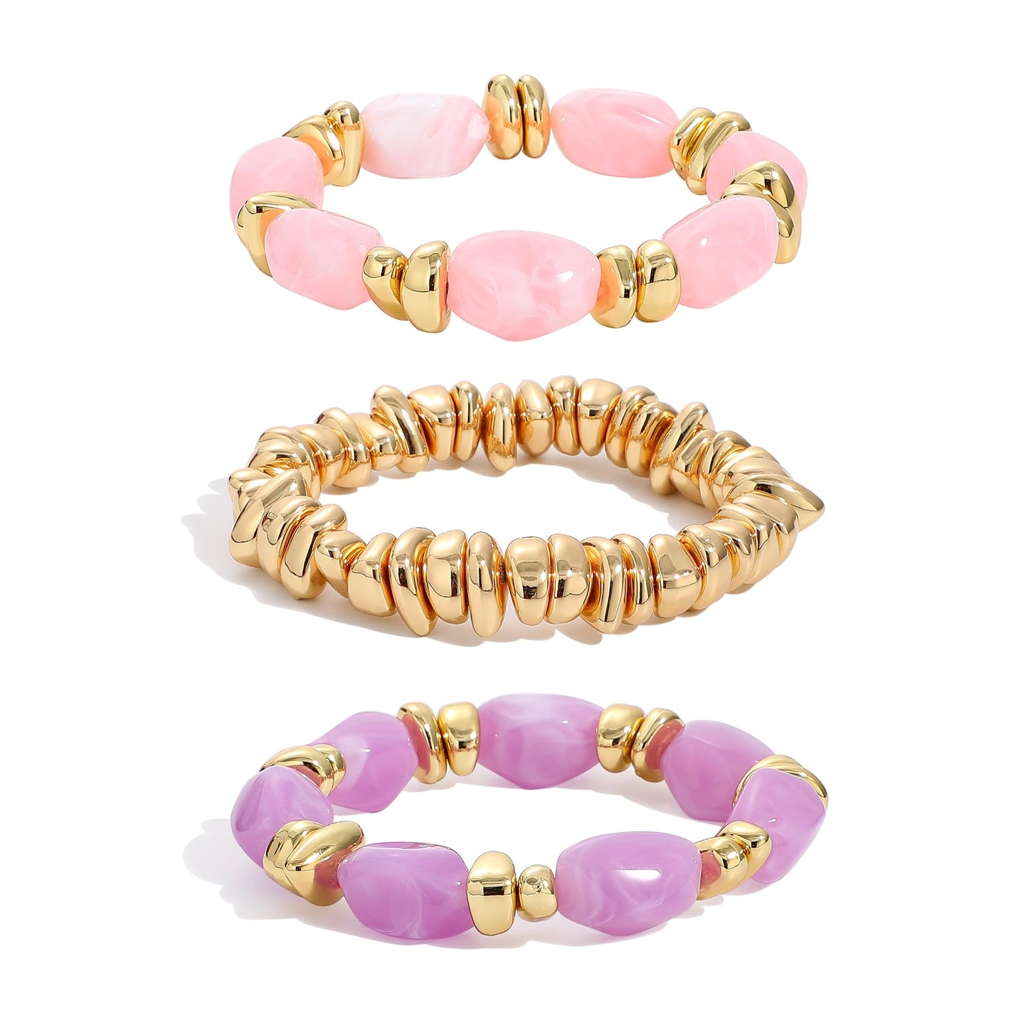 Sajidos Gold Plated Beaded Bracelets for Women Trendy, 14K Gold Plated Stack Cross Pearl Gold Plated Bead Stretch Bracelets Set Elastic Hypoallergenic Bracelets Jewelry Gifts (style13-pinkpurple)