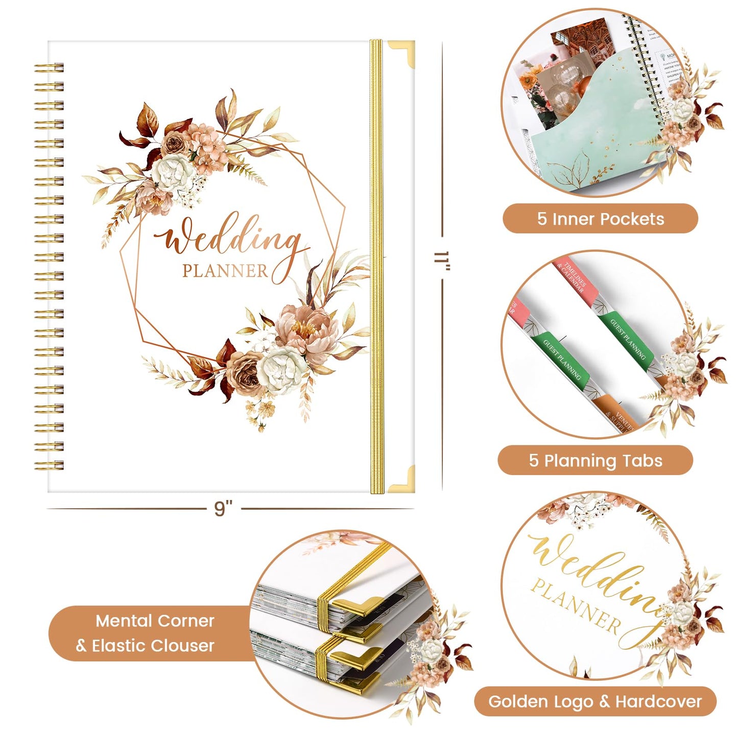 Wedding Planner Book and Organizer for the Bride - Planning With Tabbed Sections, 8.5" x 11", Hardcover, Metal Corner, 5 Inner Pockets, Sticker