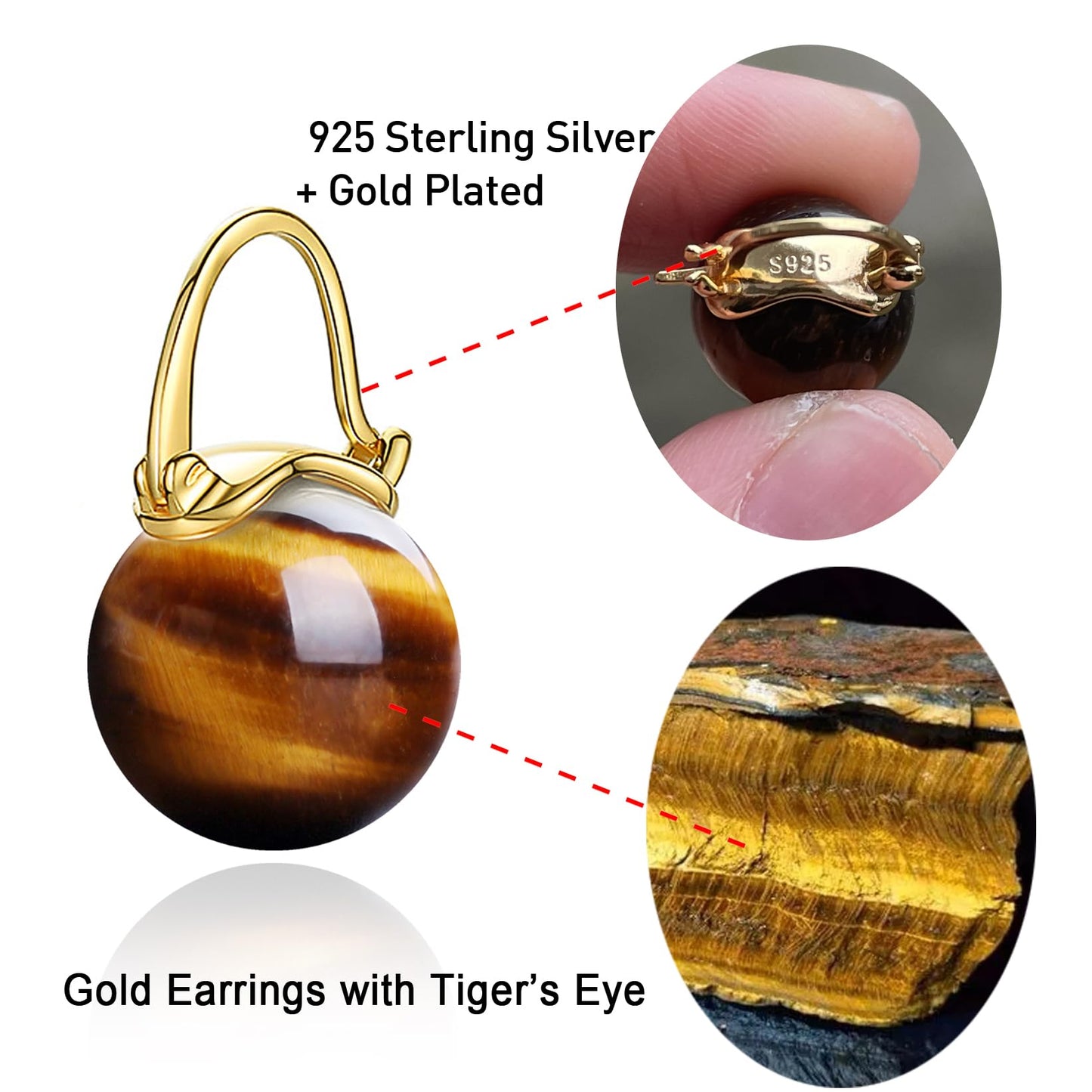 OwMell Elegant 925 Sterling Silver Pearl Drop Earrings Dangle Stud Gold Plated Earrings for Women Large Size 12mm - Tiger's Eye