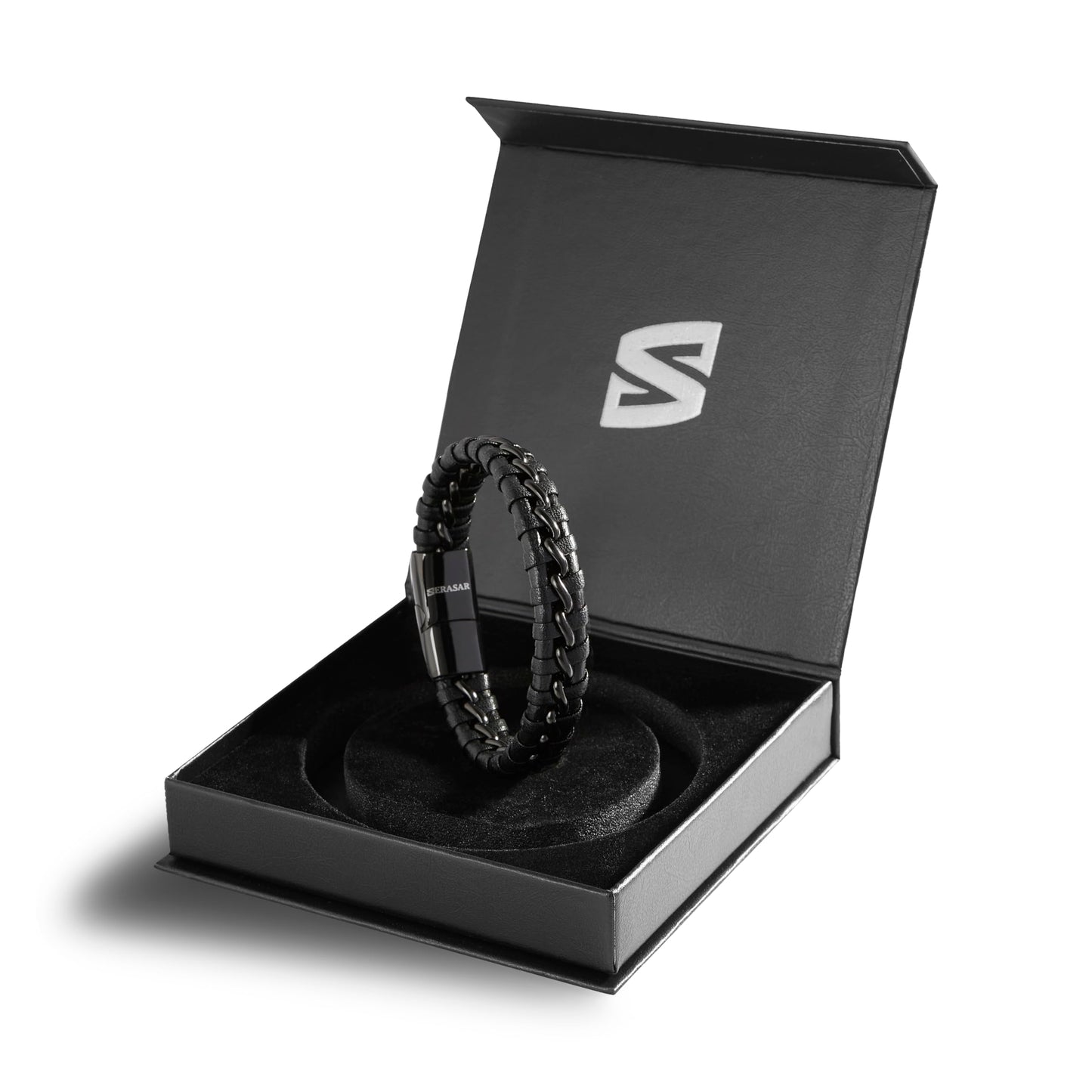 SERASAR 8″ Black Leather Bracelets for Men Mens Cowhide Gift Box Braided Bracelet Stainless Steel Jewelry Wrist Band Cuff Wrap Rope Bangle Dad Man Pulseras para Hombres Cuero Regalo