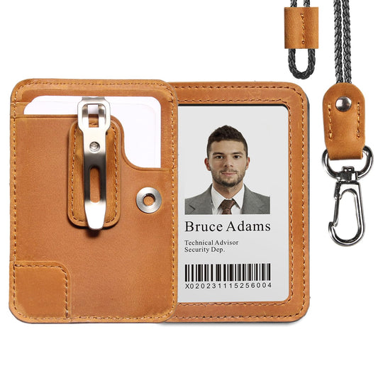 1 Pc LeeFirst Leather ID Badge Holder with Neck Lanyard, Durable ID Card Holder with Detachable Mental Clip for Men Women, Clear Window, 3 Card Slots, Leather Lanyard for Work, School, Golden-Brown