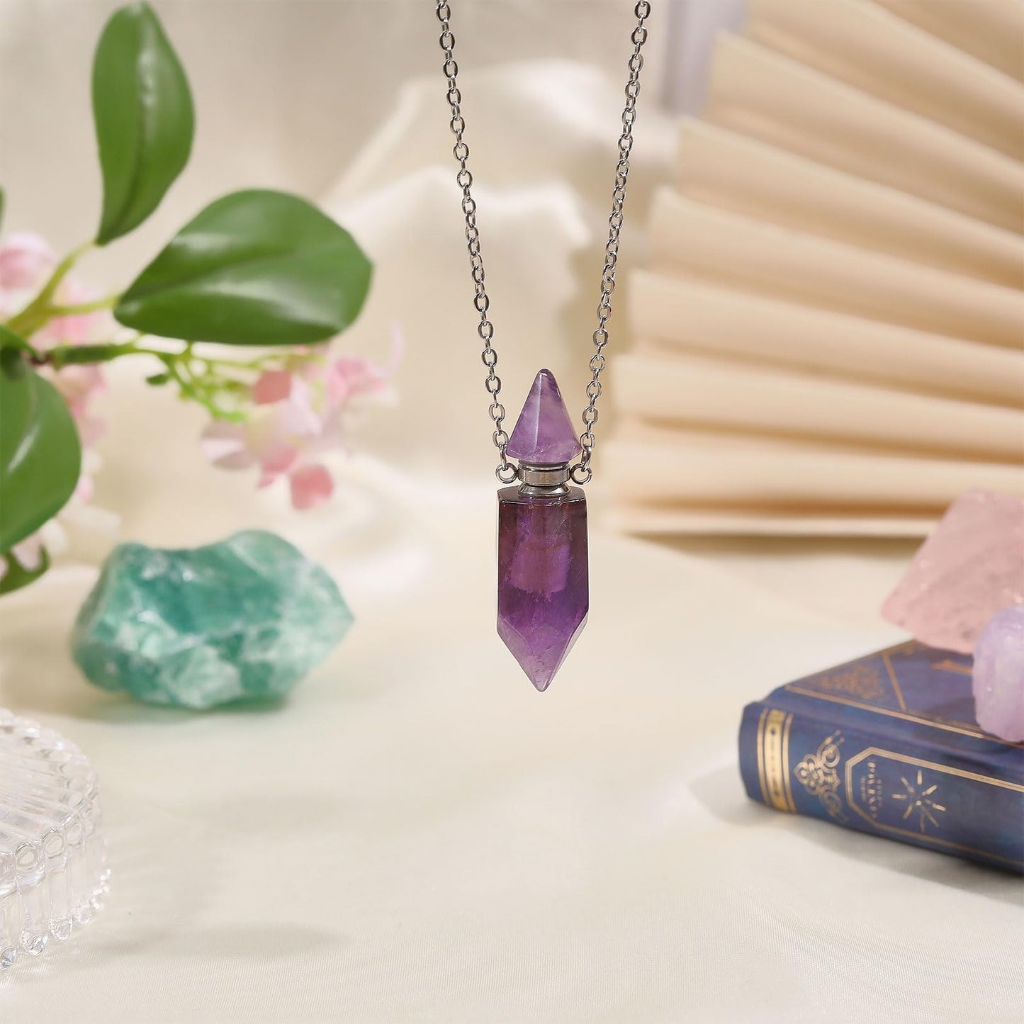 CONCHLERY Perfume Bottle Necklace Natural Stone Essential Oil Diffuser Perfume Bottle Pendant with Alloy Chain for Womens Vial Pendant Necklace Jewelry Unique Gift, Purple