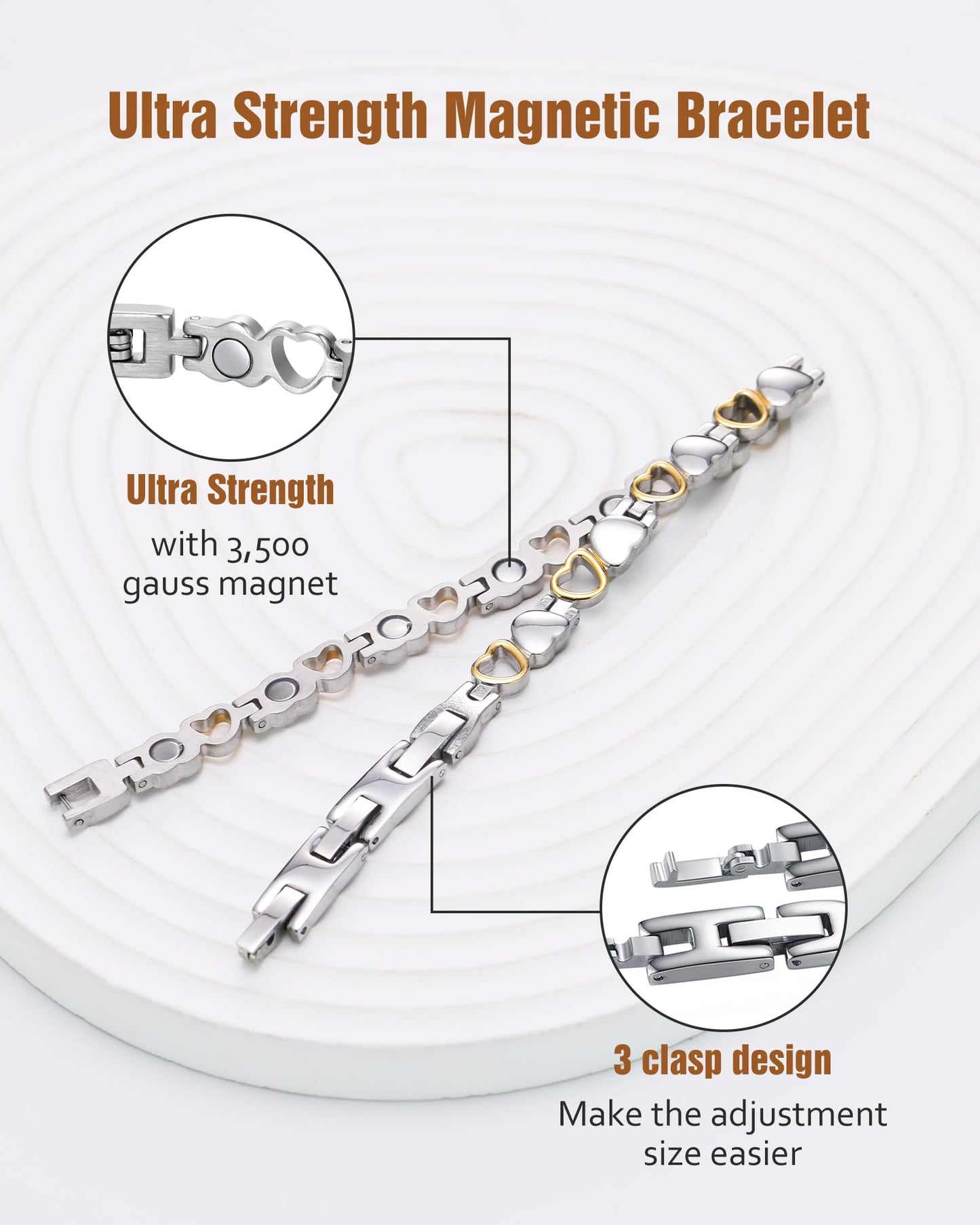 Jecanori Ultra Strength Magnetic Bracelet for Women, Women's Effective Titanium Steel Magnetic Bracelet with 3500 Gauss Magnets, Jewelry Gift with Sizing Tool