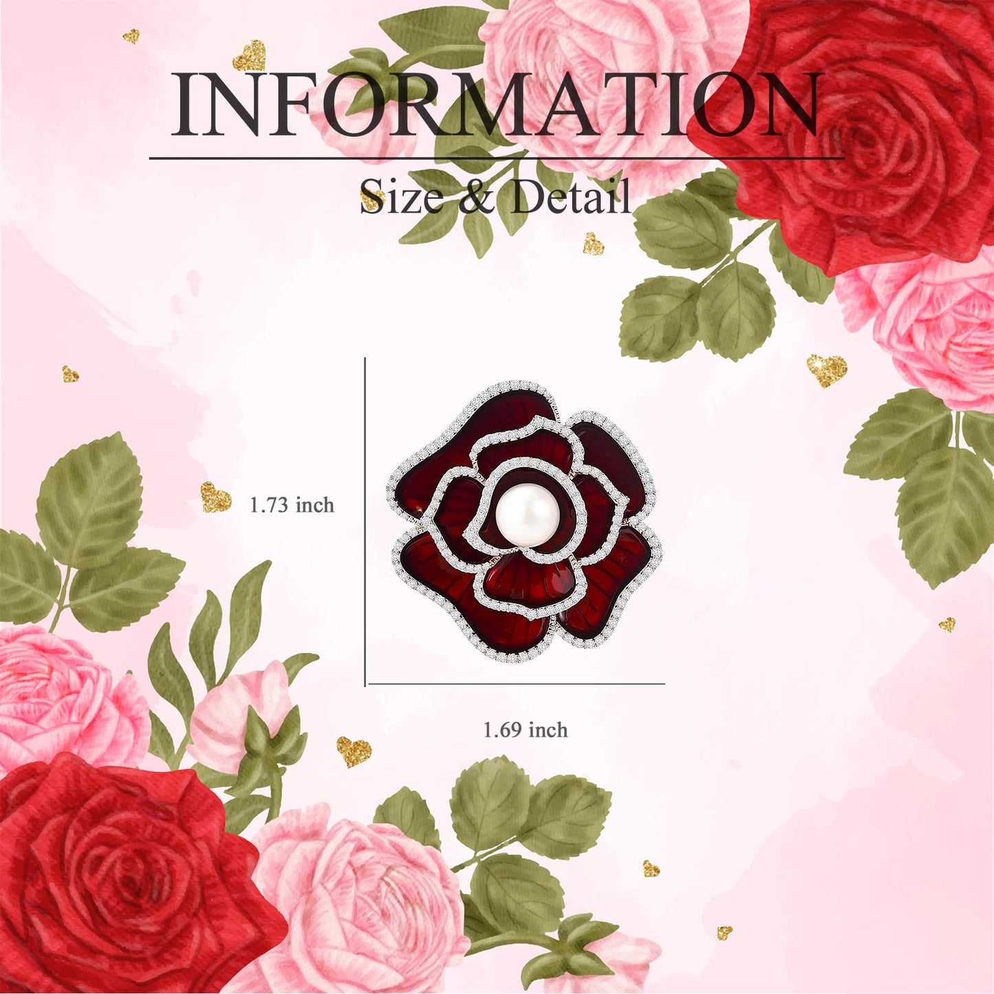 EMEGCY Red Rose Brooch for Women Enamel Rose Brooch Pin Flower Lapel Pin Women's Jewelry Gift for Bride Mom Wife(Silver)