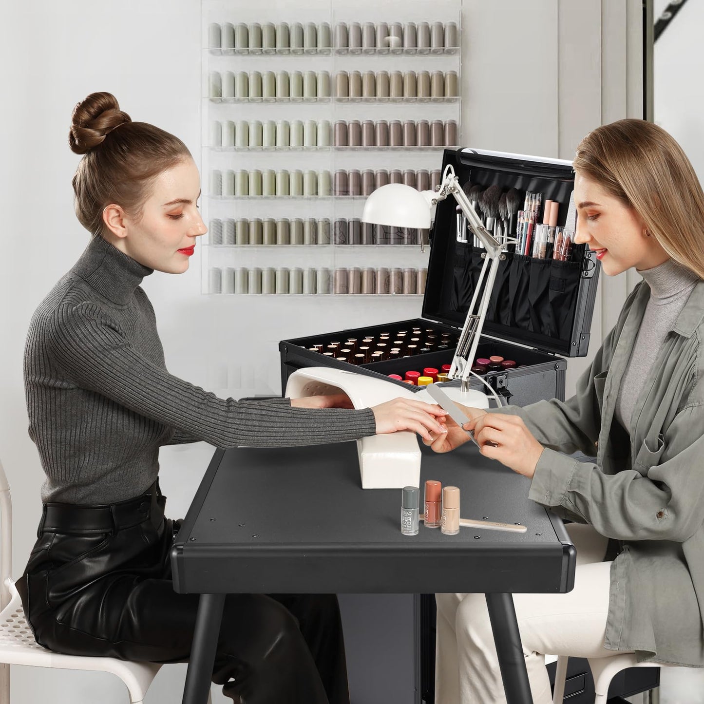 Joligrace Rolling Manicure Table 5 Drawers Makeup Case Foldable Nail Desk Cosmetology Case on Wheels Nail Tech Table with Brush Pouch for Technician Workstation Mobile Makeup Artist Trolley Black