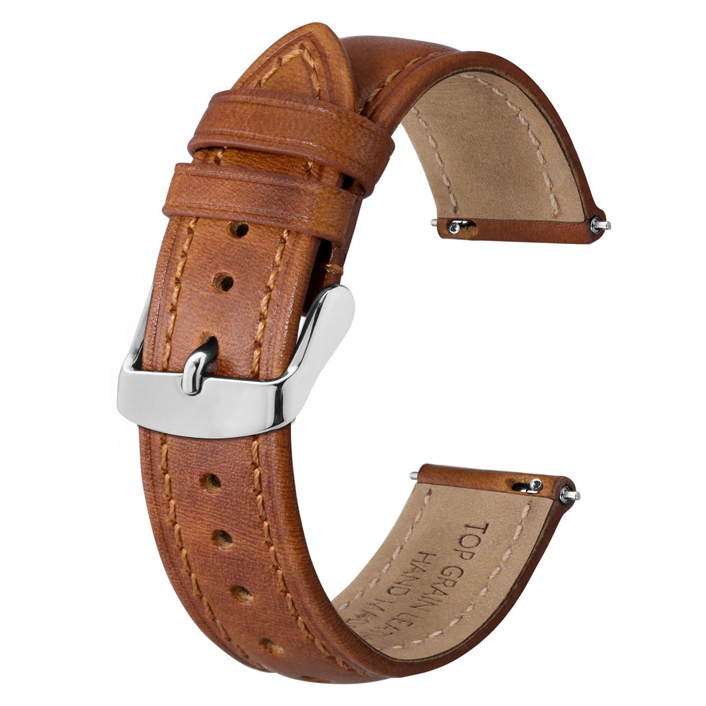 BISONSTRAP Retro Leather Watch Straps for Men, Oil Waxed Calfskin Replacement Band, Quick Release, 19mm, Toffee Brown (Silver Buckle)