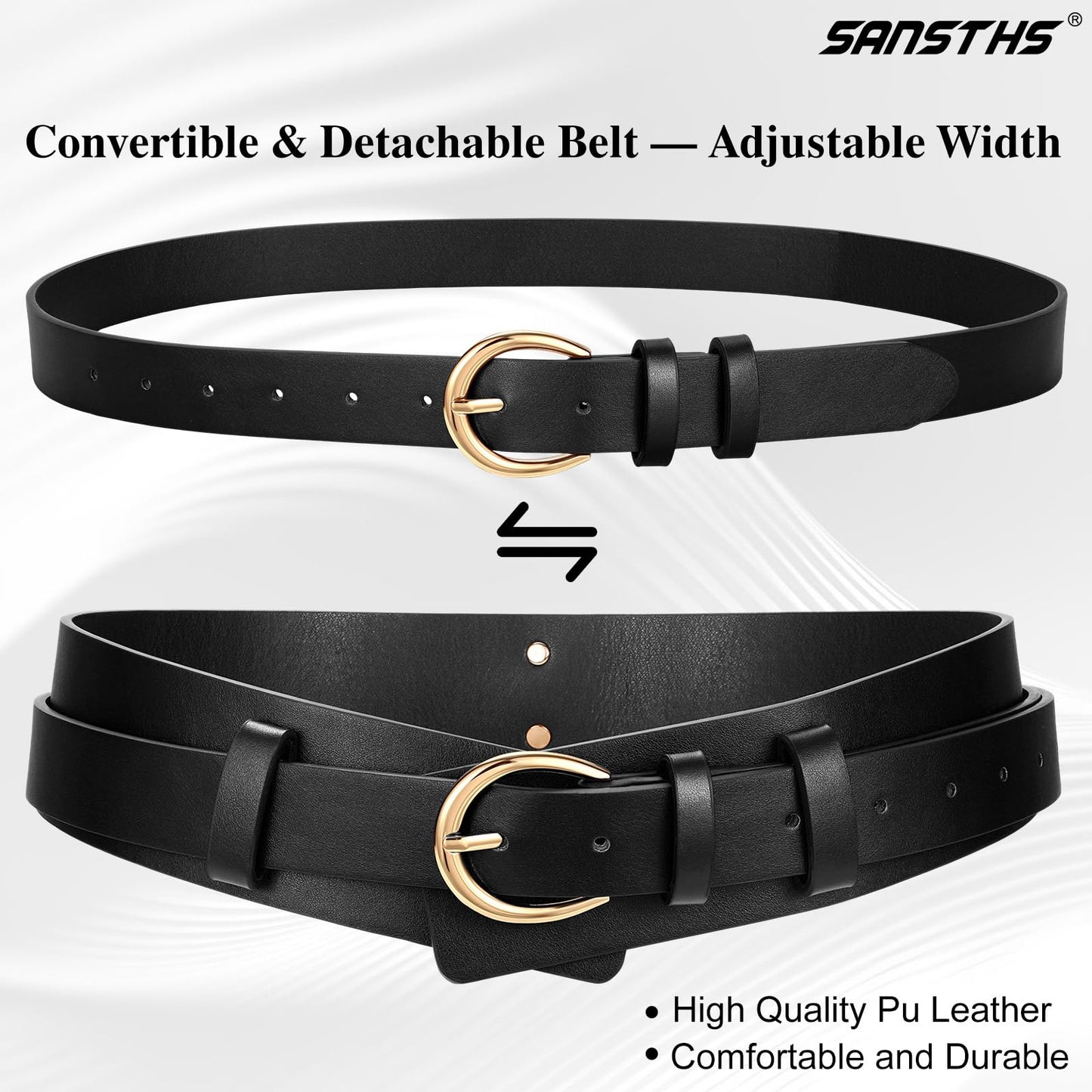 SANSTHS Belt for Women 2-in-1 Waistband for Dress Coats Pants, Women Wide Leather Belt with Fashion Buckle, Black S