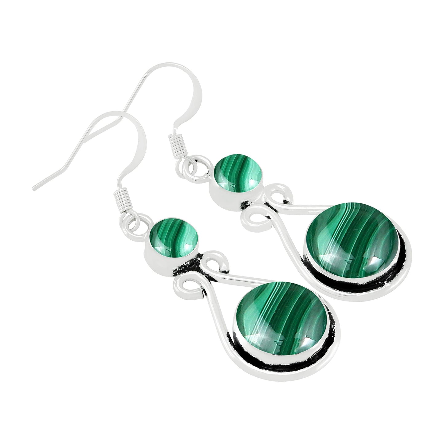 Natural Malachite Silver Plated Dangle Earrings for Women - April Birthstone Round Gemstones Drop Earrings Handmade Jewelry - Mother's Day Gift for Her