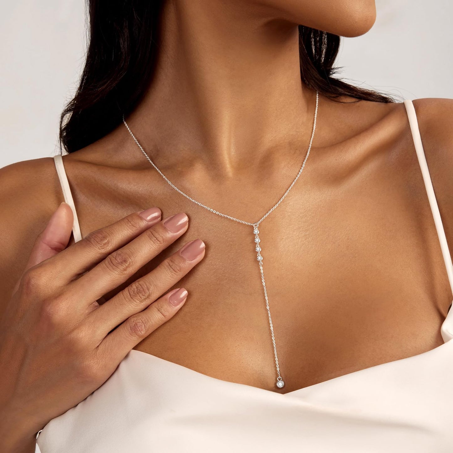 Zeffy Long Silver Necklace for Women - Dainty Silver Teardrop Drop Lariat Necklace Trendy Simple CZ Y-Shaped Body Chain Wedding Prom Dangle Statement Necklace Jewelry Gifts