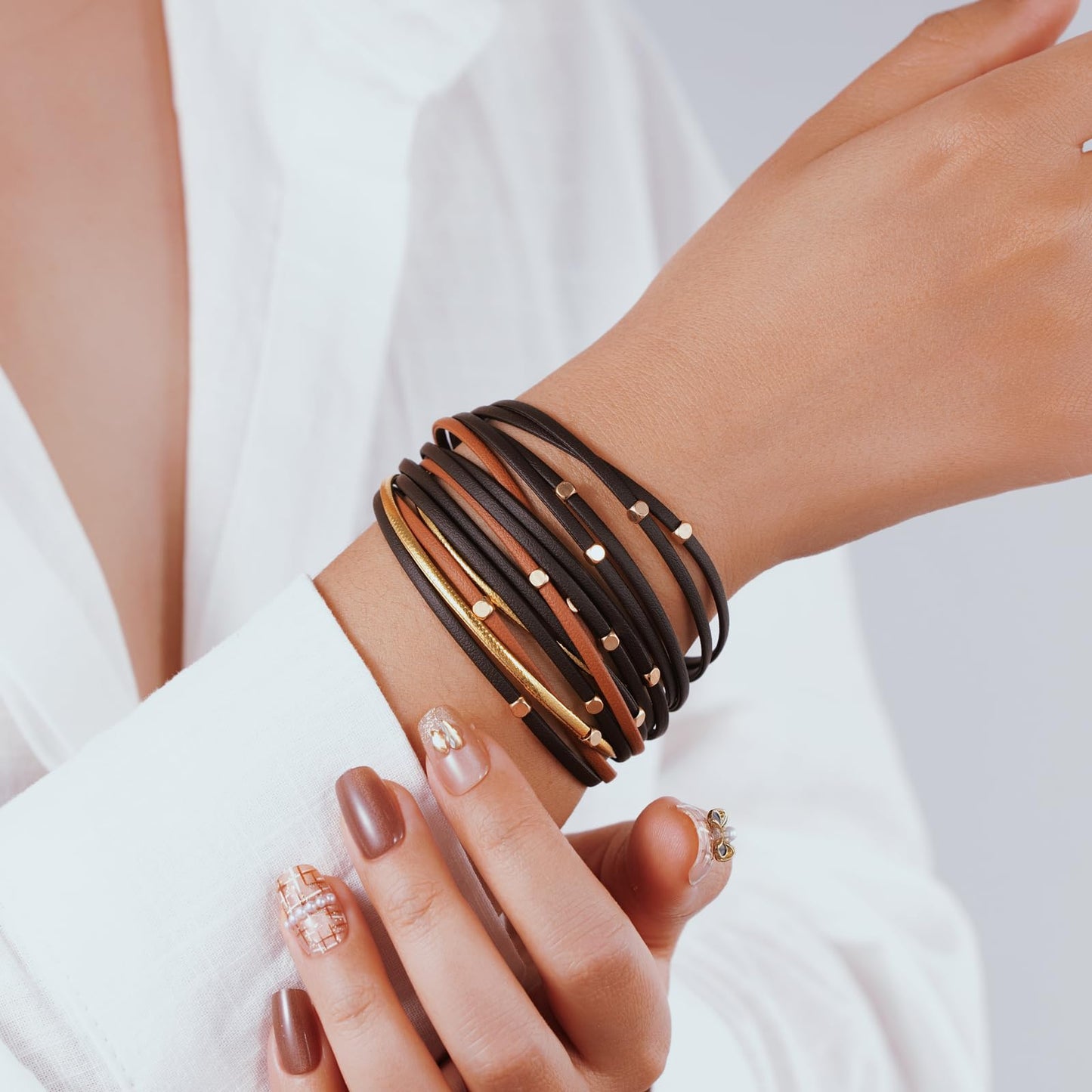 Becklynn Boho Leather Wrap Bracelets Beaded Crystal Stackable Cuff Bracelet with Magnetic Clasp Cowboy Cowgirl County Concert Outfits Western Jewelry Gifts for Women(Beaded Brown)