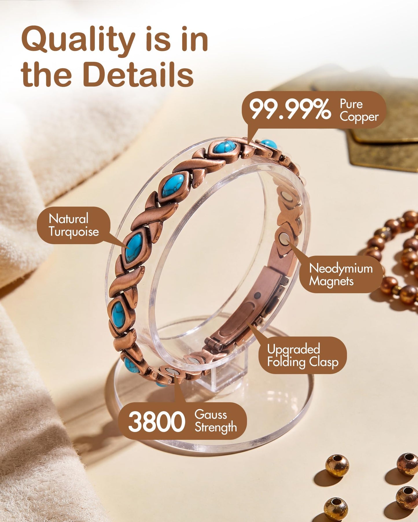 Feraco Pure Copper Bracelets for Women, Ultra Strength Magnetic Bracelet with 3800 Gauss Magnets & Natural Turquois, Adjustable Jewelry, Infinite Symbol